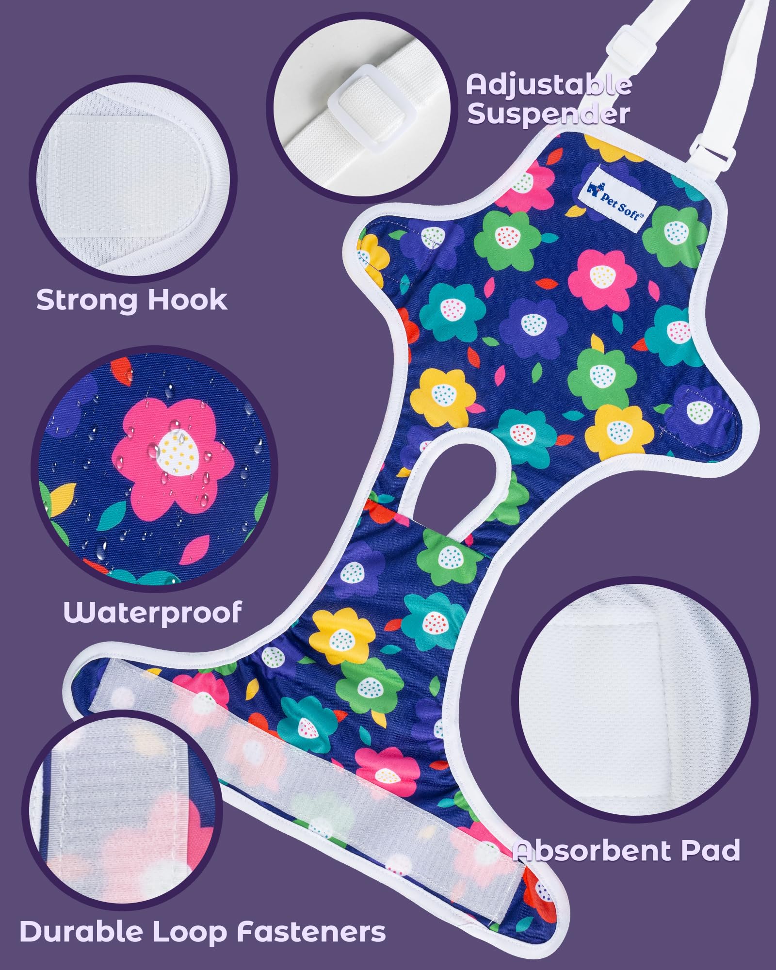 Pet Soft Dog Diapers Female Onesie Sanitary Pantie With Adjustable Suspender, Colorful Pattern Washable Puppy Diapers Female, Su