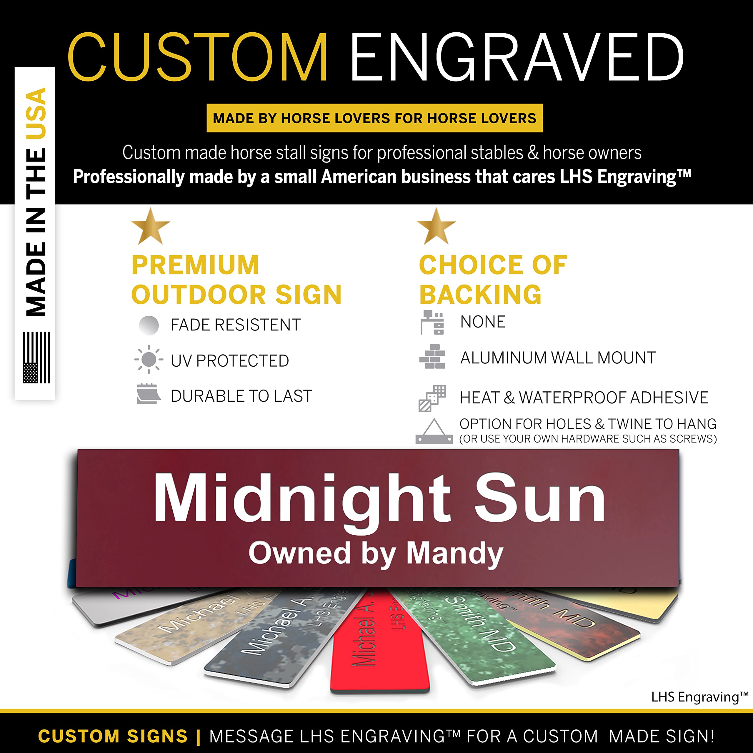 Lhs | Horse Stall Name Plate, 2X12 Personalized Stall Signs, Uv Protected, All Weather Adhesive, Hanging, Mounting Or Other, Bur