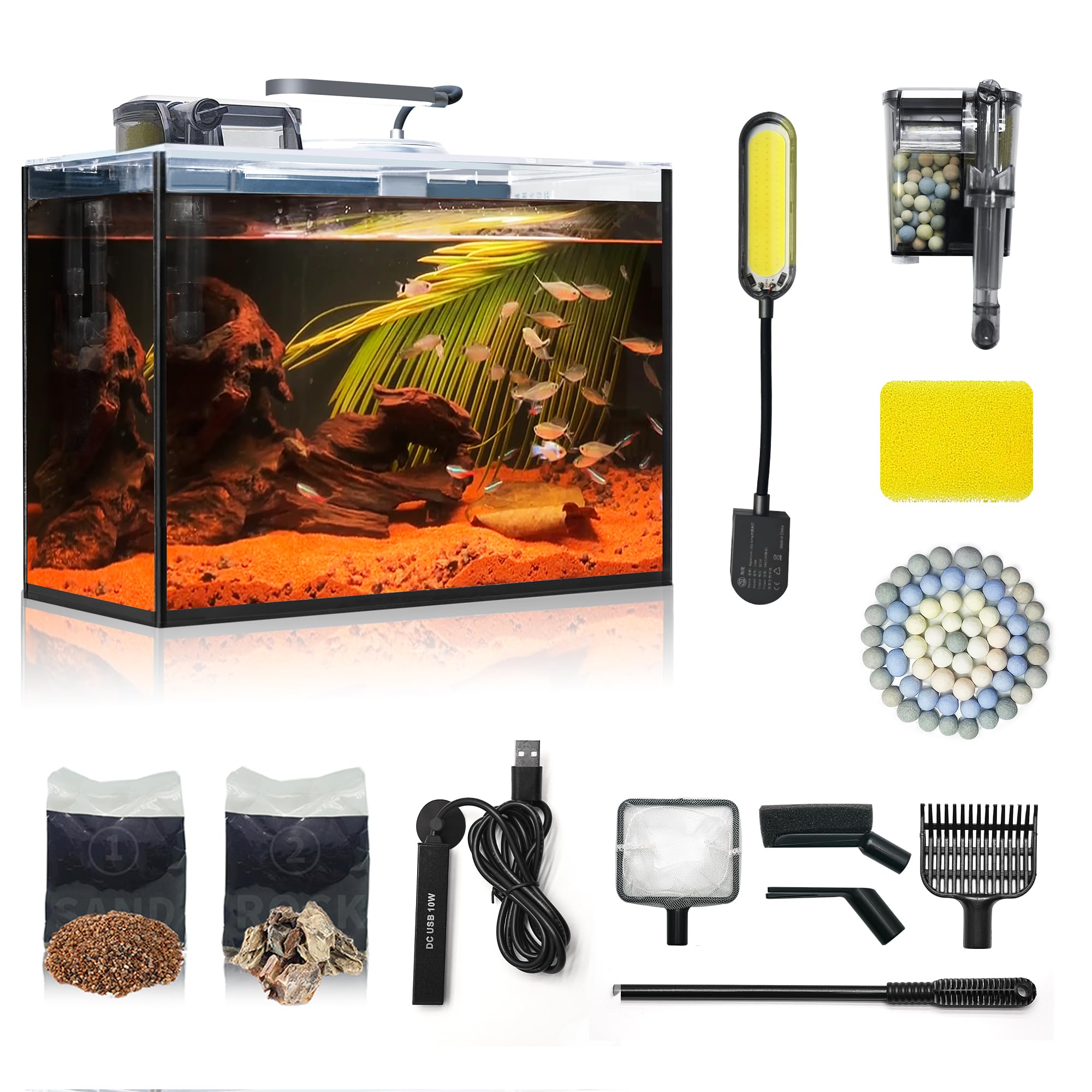 Aquarium Desktop Set 2.6 Gallon Small Fish Tank, Ultra Clear Glass Self Cleaning Filter Bright Light Heater Rocks Gravel Cleanin