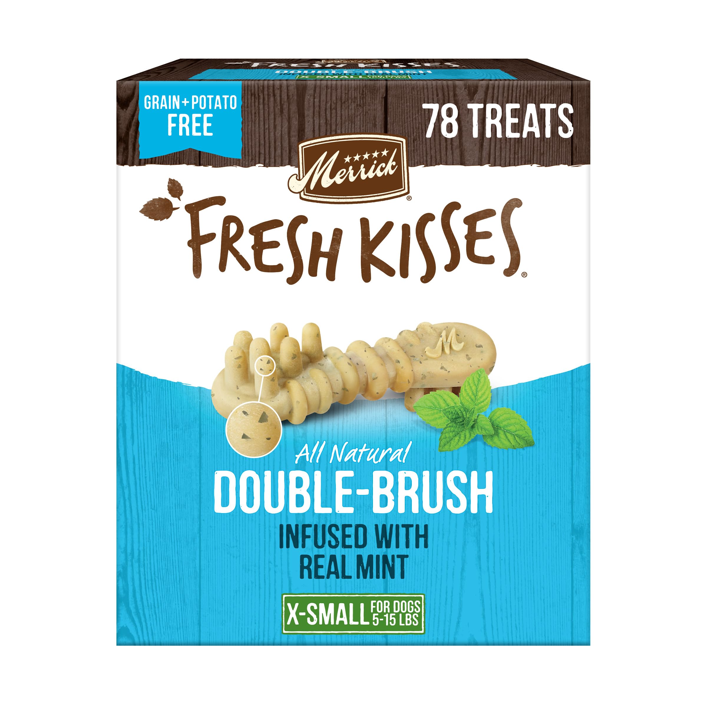Merrick Fresh Kisses Natural Dental Chews Toothbrush Treat Shape Infused With Real Mint For Tiny Dogs 5-15 Lbs - 78 ct. Box