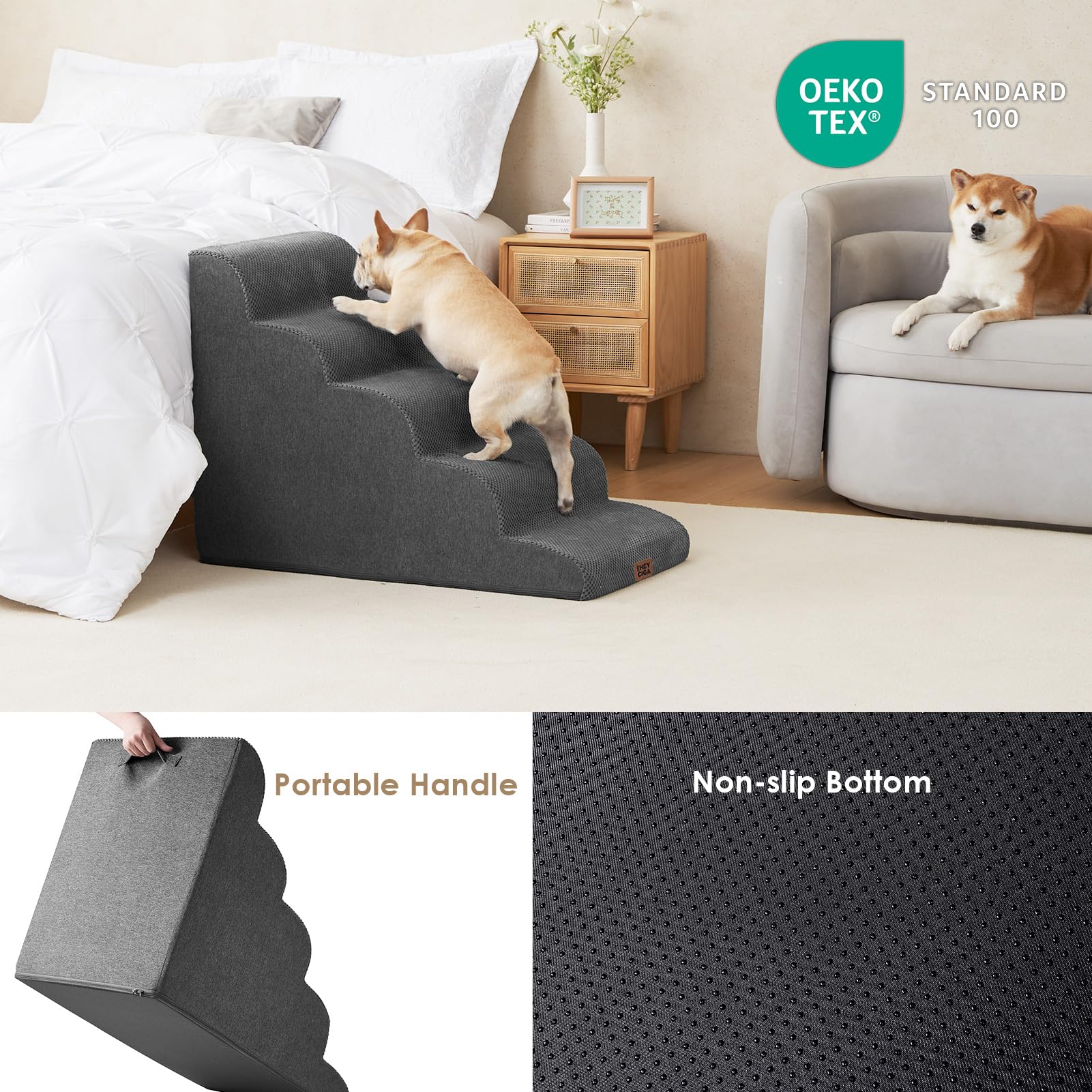 EHEYCIGA 5-Step Curved Dog Stairs Ramp for High Beds, Extra Wide Non-Slip Pet Steps for Small Dogs & Cats, Grey