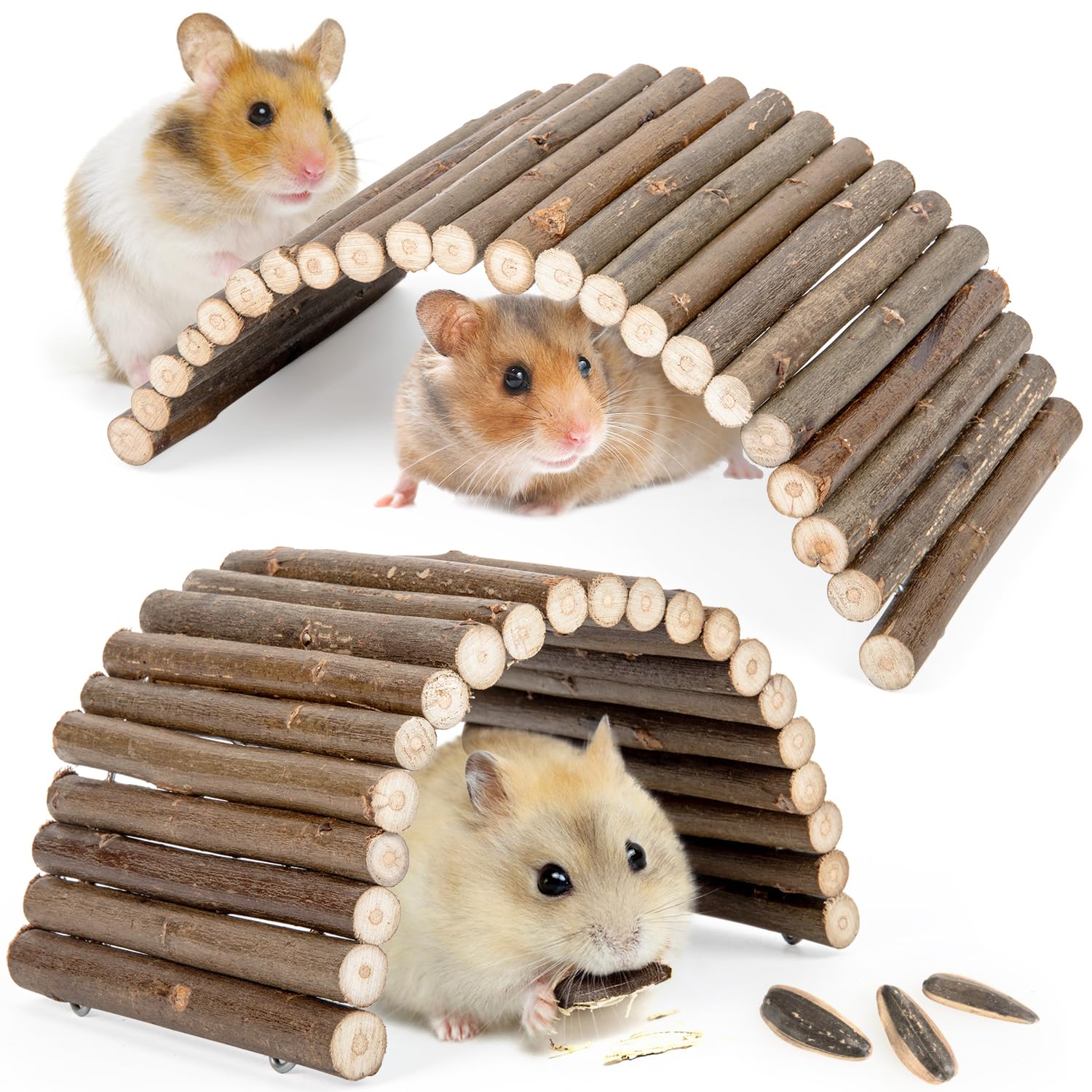 Sofier Hamster Toys 2 Pack Hamster Bridges Natural Wooden Hideout Tunnel Ladder Hamster Cage Accessories Chew Toys for Guinea Pi