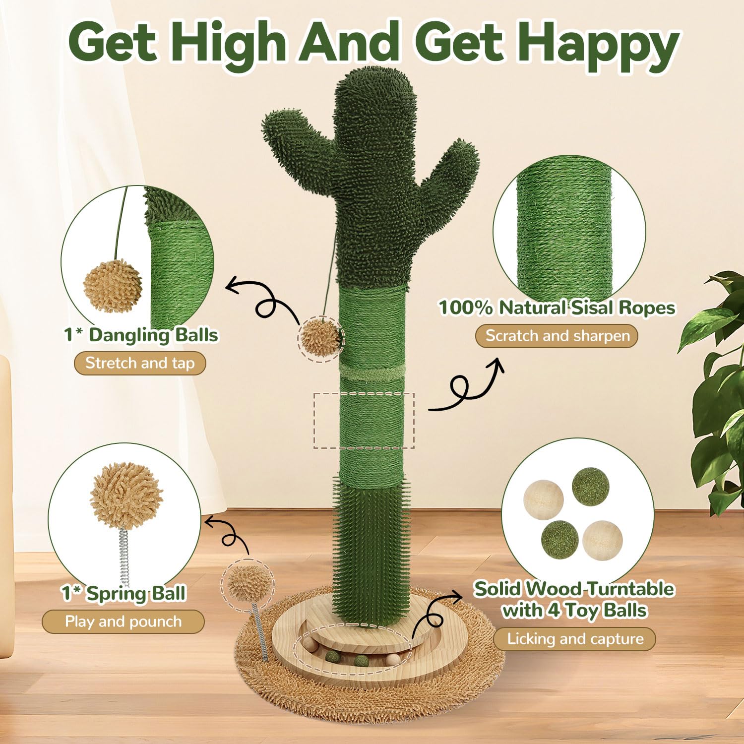 Otob 36' Tall Cat Cactus Scratching Post, Natural Sisal Rope Cat Scratcher Post, Vertical 6-In-1 Interactive Turntable Cat Scra