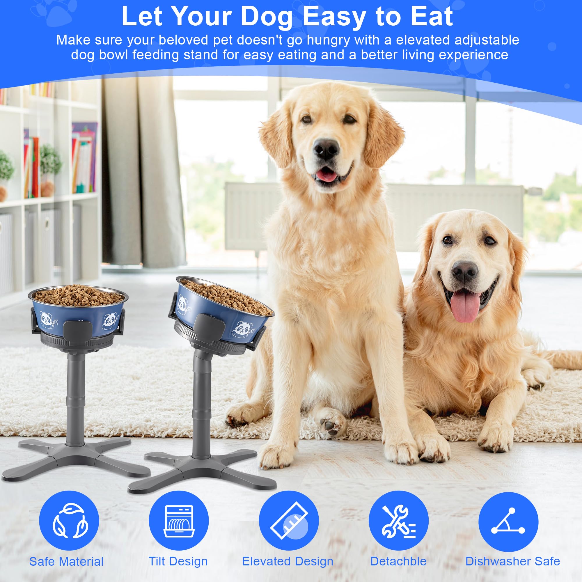 Dog Bowls,Elevated Adjustable Dog Bowl Stand with 3 Heights & Tilted Feeding Design, Raised Stand Compatible with Medium & Large
