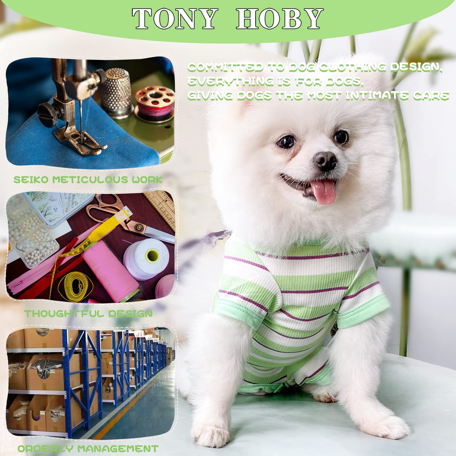 TONY HOBY Dog Pajamas Jumpsuit for Small Medium Dogs, XL, Green&White Cotton, Model DC008411