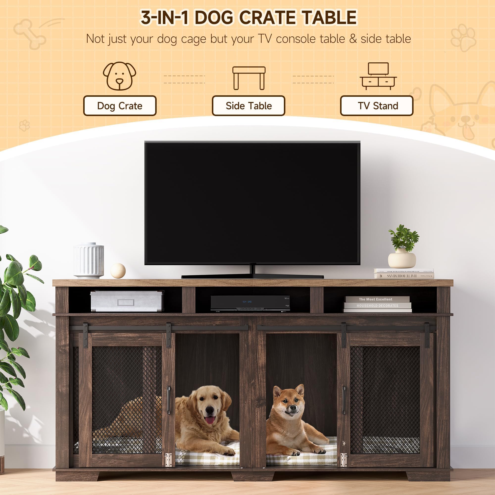 71 Dog Crate Furniture, Furniture Style Double Dog Crate Table Indoor TV Stand, Double Dog Kennel Furniture with 3 Storages and