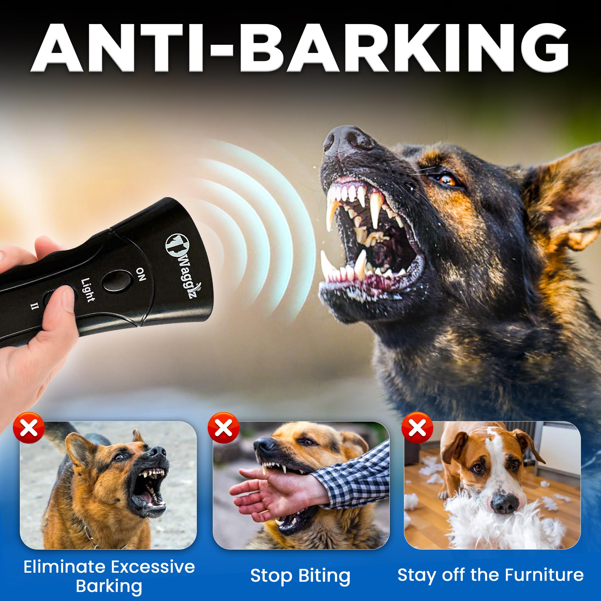 Wagglz Ultrasonic Dog Bark Deterrent Devices - Long Range Dog Barking Silencer With 3 Levels - Painless Indoor & Outdoor Anti Ba
