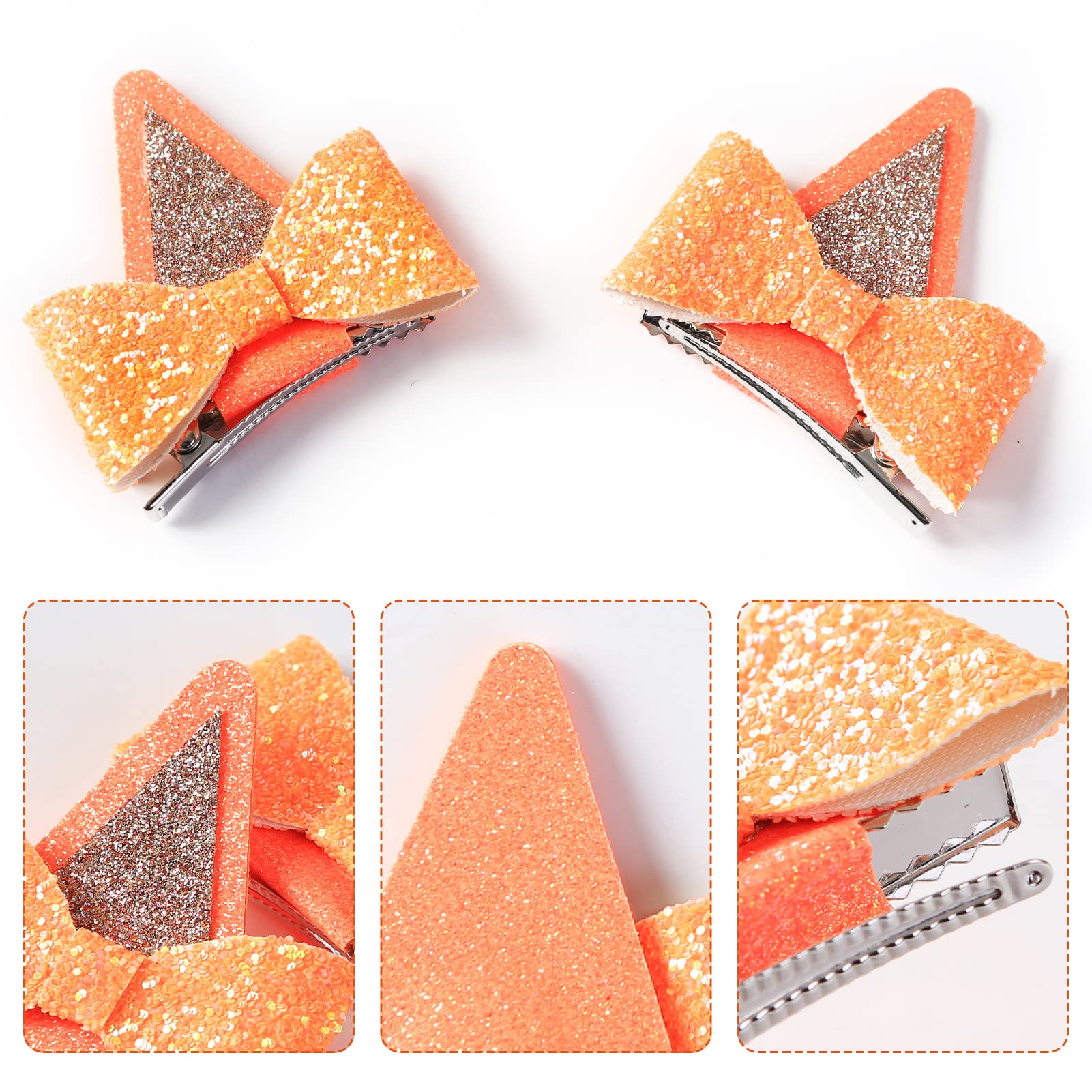 1 Pair Orange Dog Ears Hair Clips Kids 2.5In Hair Bow Barrettes Glitter Halloween Costume Accessories Toddler Girls Birthday Par