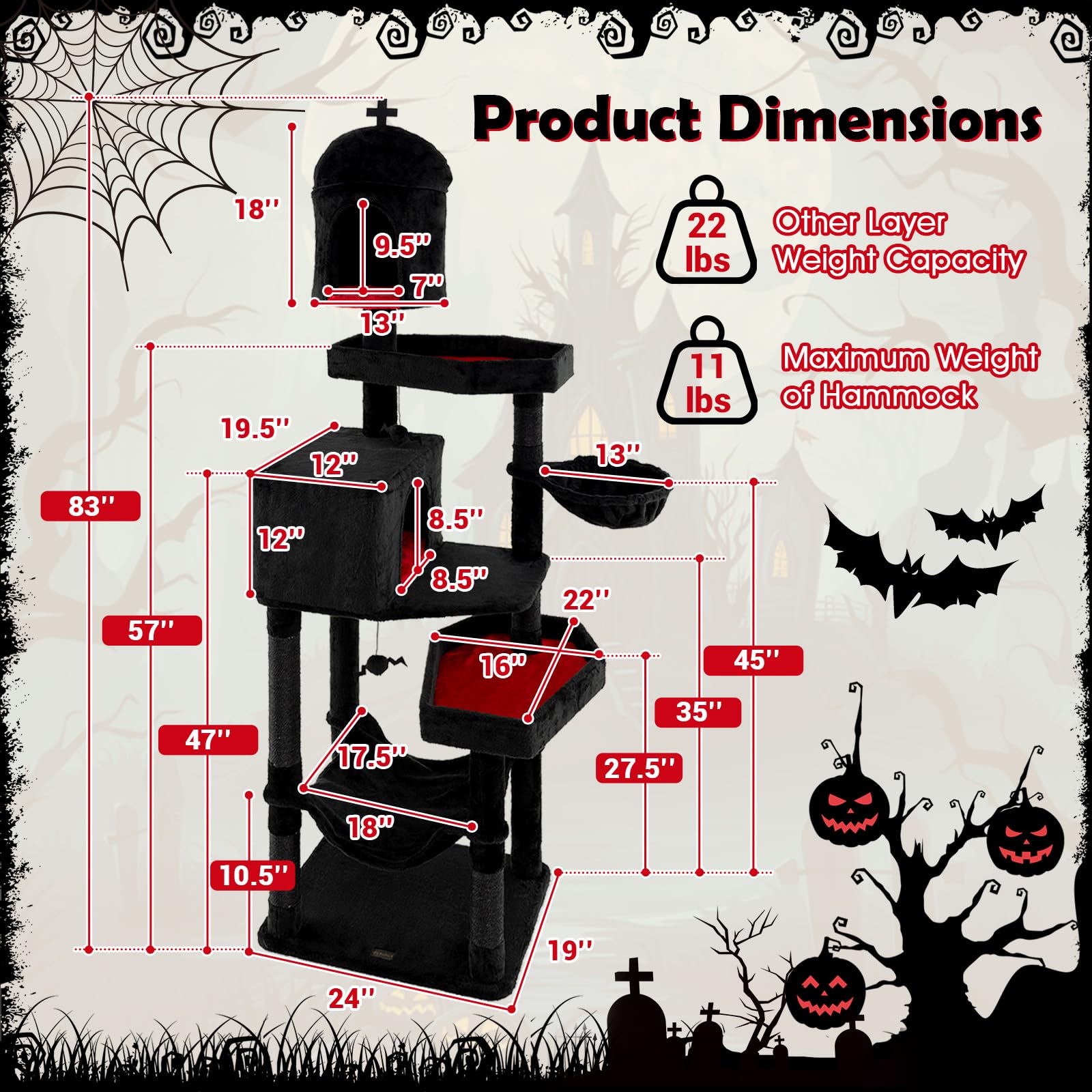 Petsite 83 Inch Tall Gothic Cat Tree, Multi-Level Halloween Cat Tower With Coffin Beds, Scratching Posts, 2 Cat Condos, Dangling