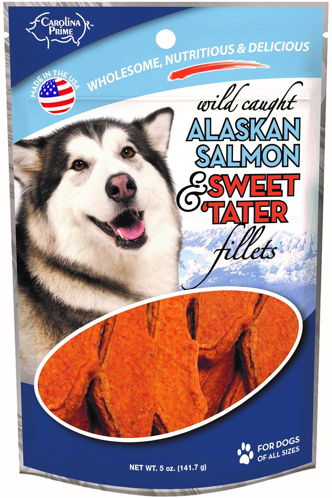 Carolina Prime Pet 45111 Salmon And Sweet Tater Fillets Treat For Dogs, 5 oz pouch