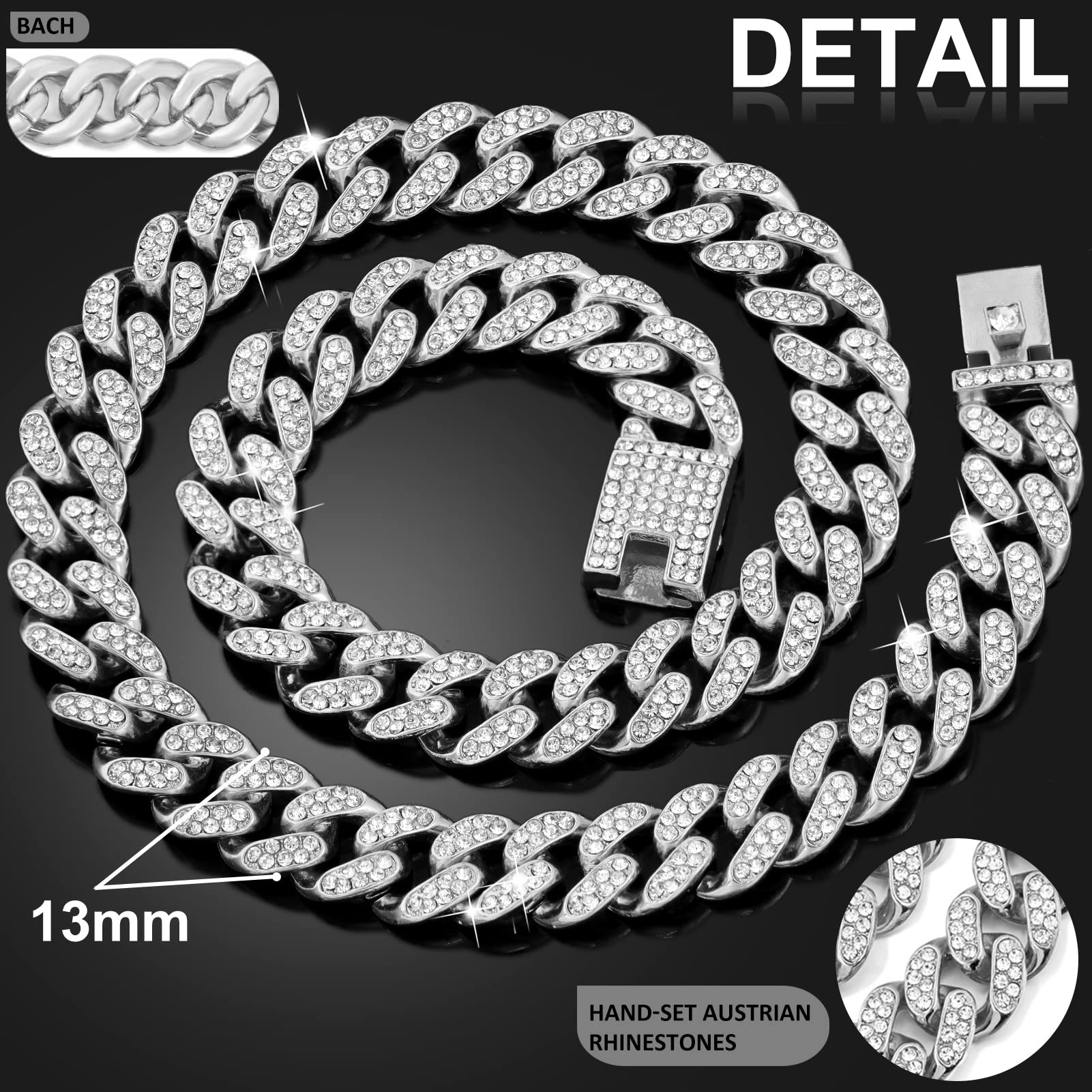 Flatfoosie Cuban Link Dog Collar Gold Silver Color Metal Dog Chain Collar Cuban Diamond Chain Pet Collars For Dogs Cats Jewelry 8/10/14/16/18/20/24/28 Inch (18Inch, Silver)