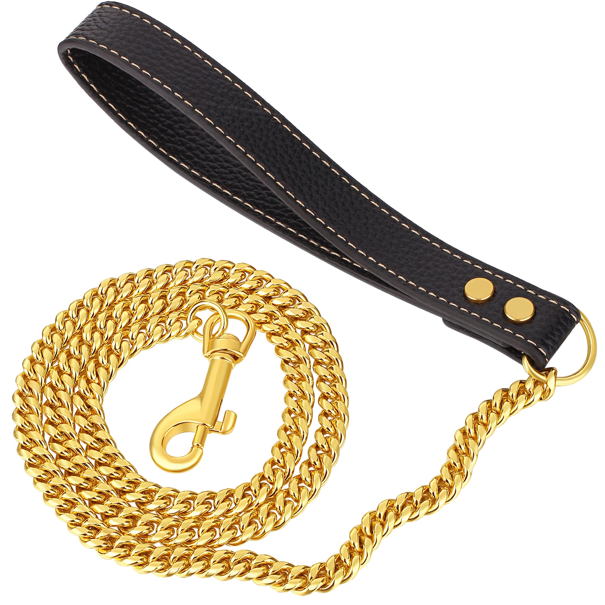 Idofas Gold Dog Chain Leash 18K Gold Stainless Steel Cuban Link Dog Leash With Leather Handle For Dogs Collar Chains(3Ft)