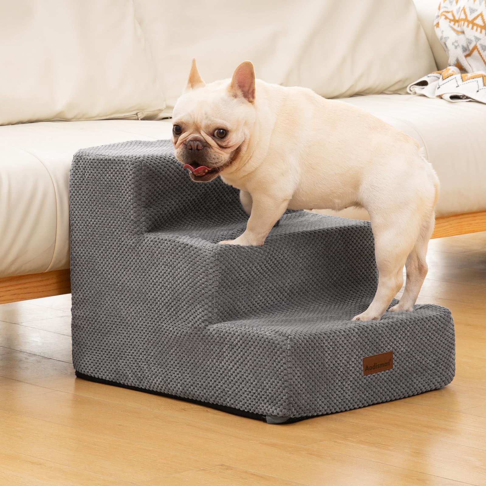 Aodisman Dog Stairs for Small Dogs & Cats,3-Step Extra Wide Non-Slip Pet Steps for Couch Sofa and Chair,Grey,15.7 H