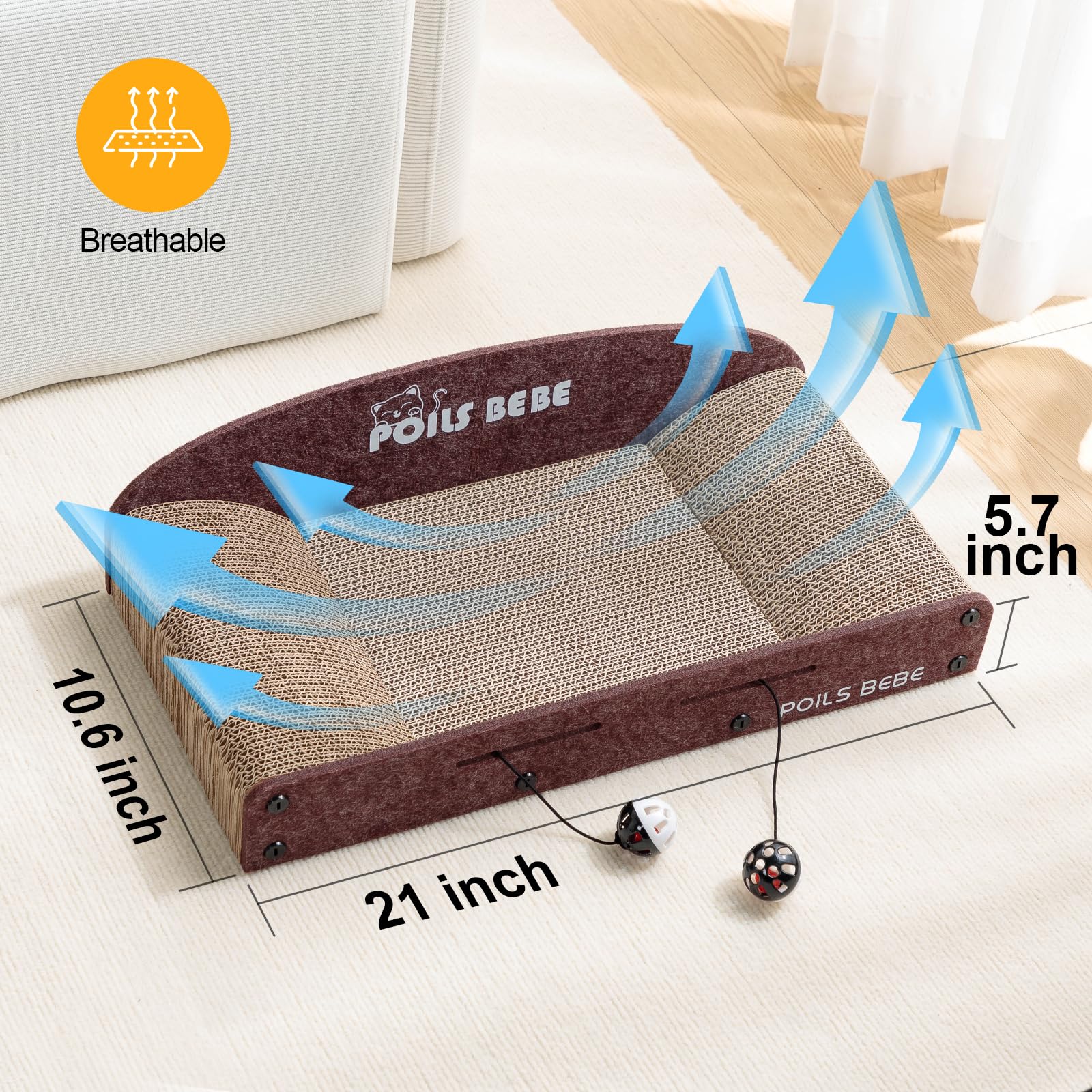 Poils Bebe 21 Caramel Cat Scratcher Sofa with Bell Balls, Durable Cardboard Lounger, Catnip & Toys, Indoor Scratch Furniture Protector