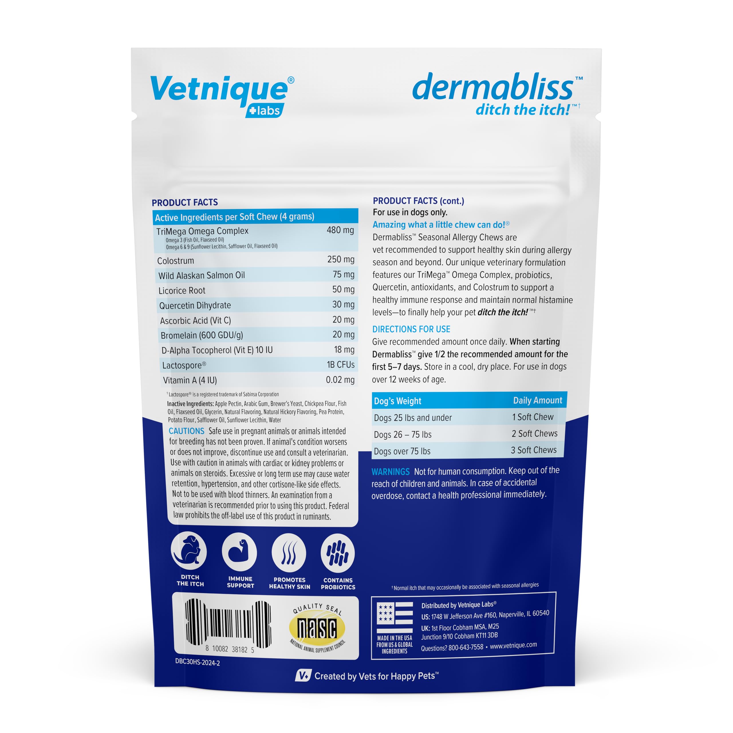 Vetnique Labs Dermabliss Dog Allergy Relief & Immune Support Supplement Allergy Chews for Dogs Itching and Licking with Omega 3