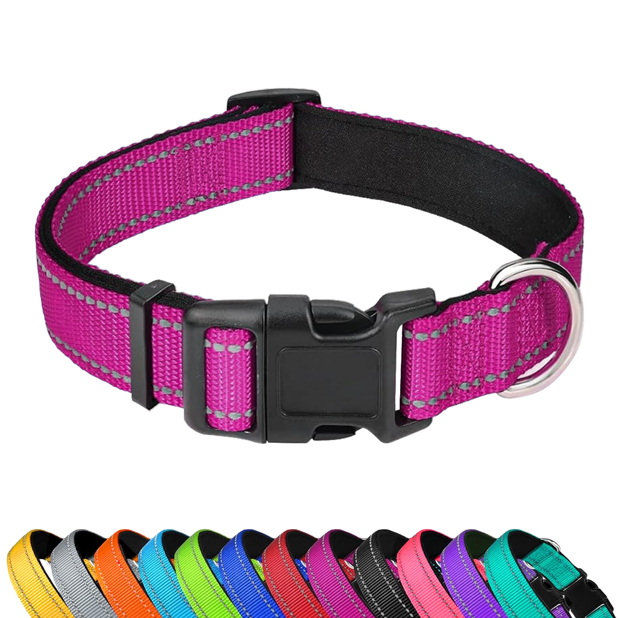 Pwod Reflective Dog Collar, Adjustable Soft Neoprene Padded Nylon Pet Collars With Buckle For Extra Large Dogs, Rose Red,Xl