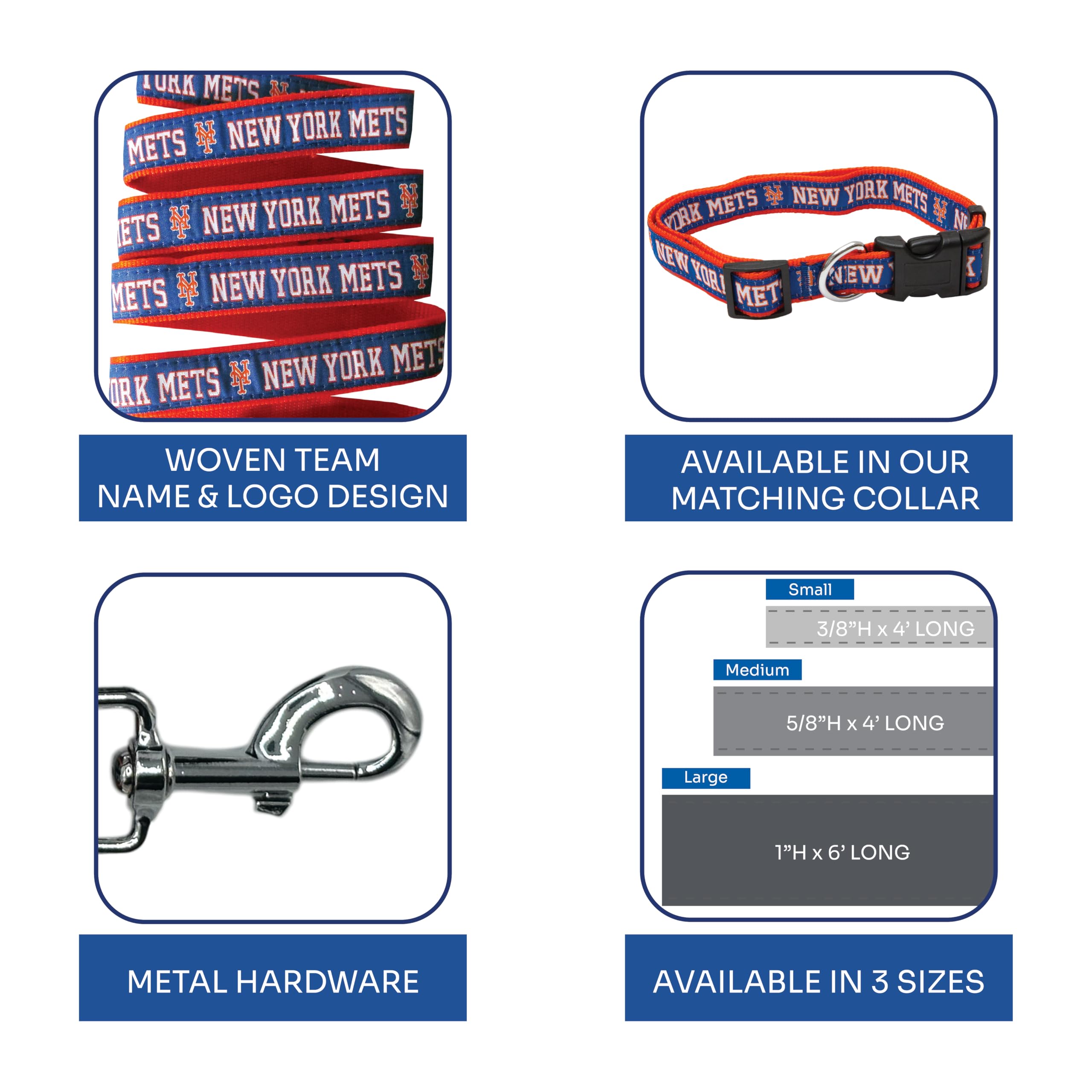 Mlb Pet Leash, Large, New York Mets Dog Leash, Baseball Team Leash For Dogs & Cats. A Shiny & Colorful Dog & Cat Leash With Emboridered Team Name/Logo Licensed By The Mlb