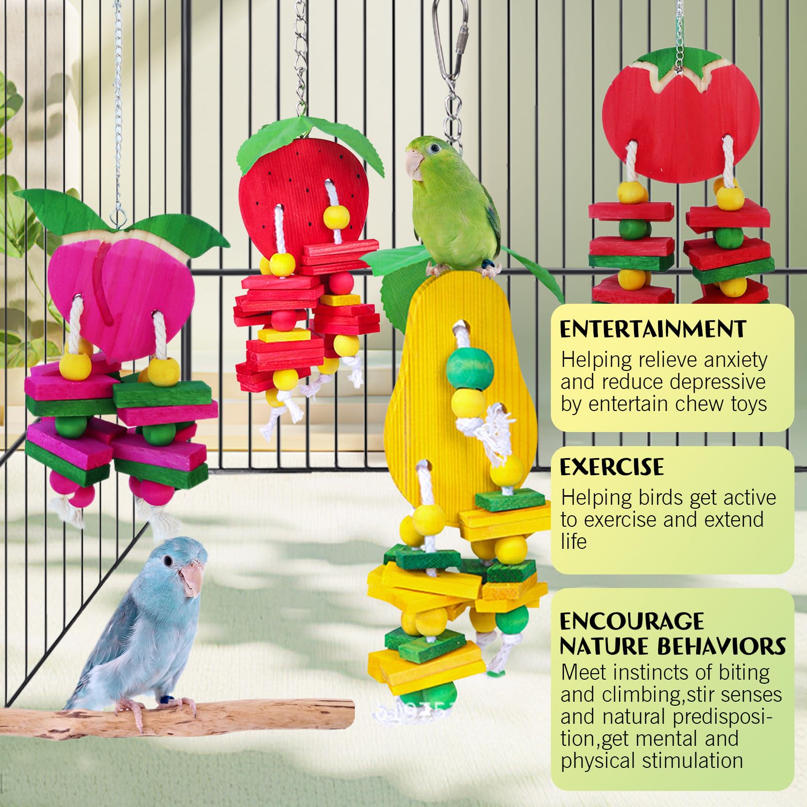 Hamiledyi Natural Wood Block Bird Cage Toys Parrot Chewing Toy Tomato&Peach&Pear&Strawberry Shaped Hanging Foraging Toy For Smal