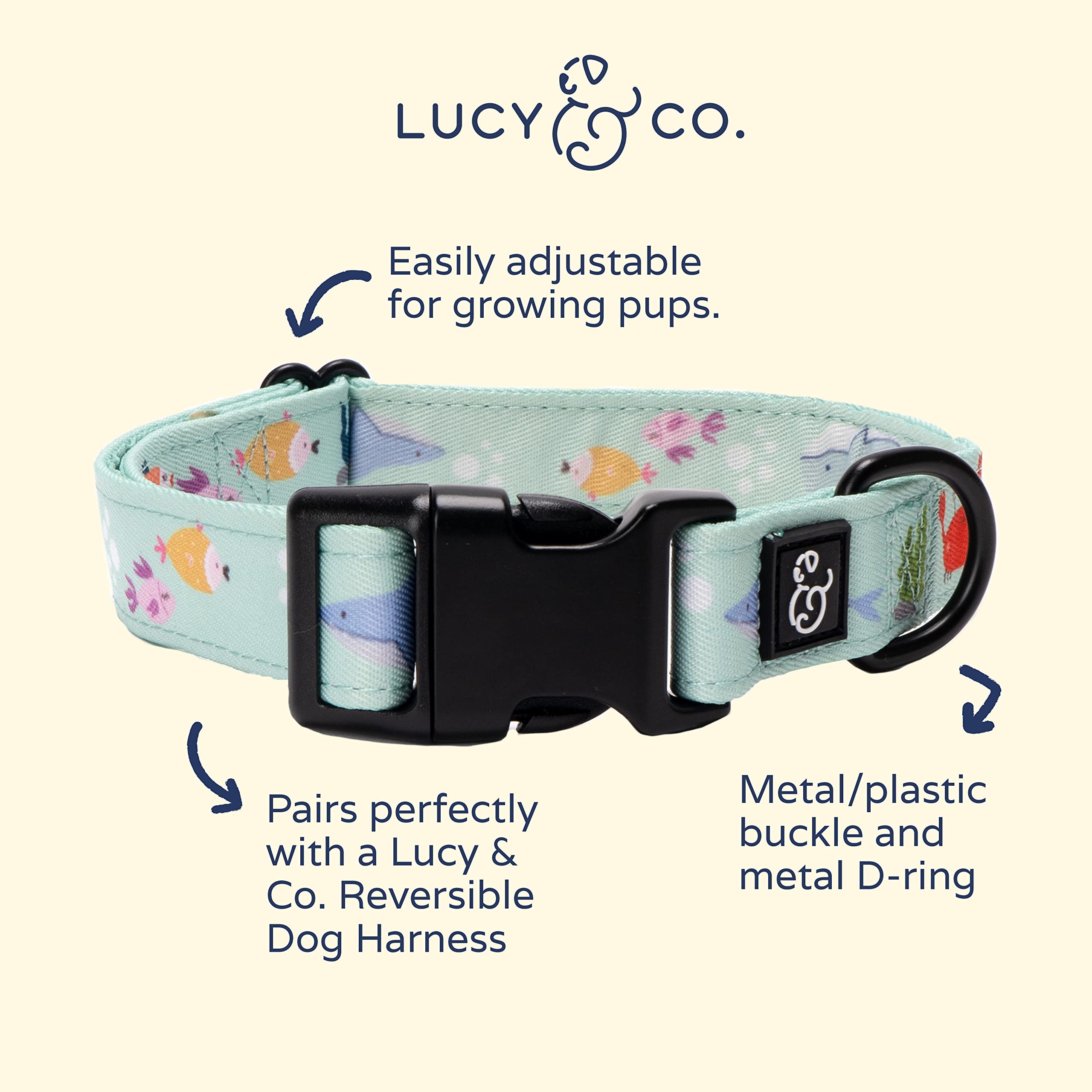 Lucy & Co. Feeling Fintastic Dog Collar - Durable Lightweight Designer Collar For Pets - Adjustable Metal Safety Buckle - Mint G