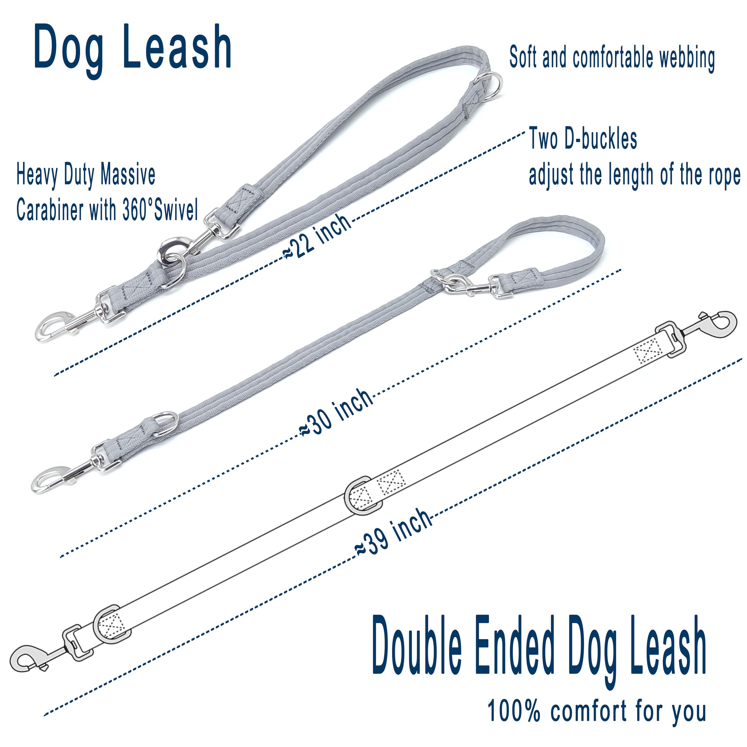 Double Ended Dog Leash,For Obedience Training Easy To Use,Lightweight,Soft For Large And Medium Dogs (Grey, 1M*2.5Cm)