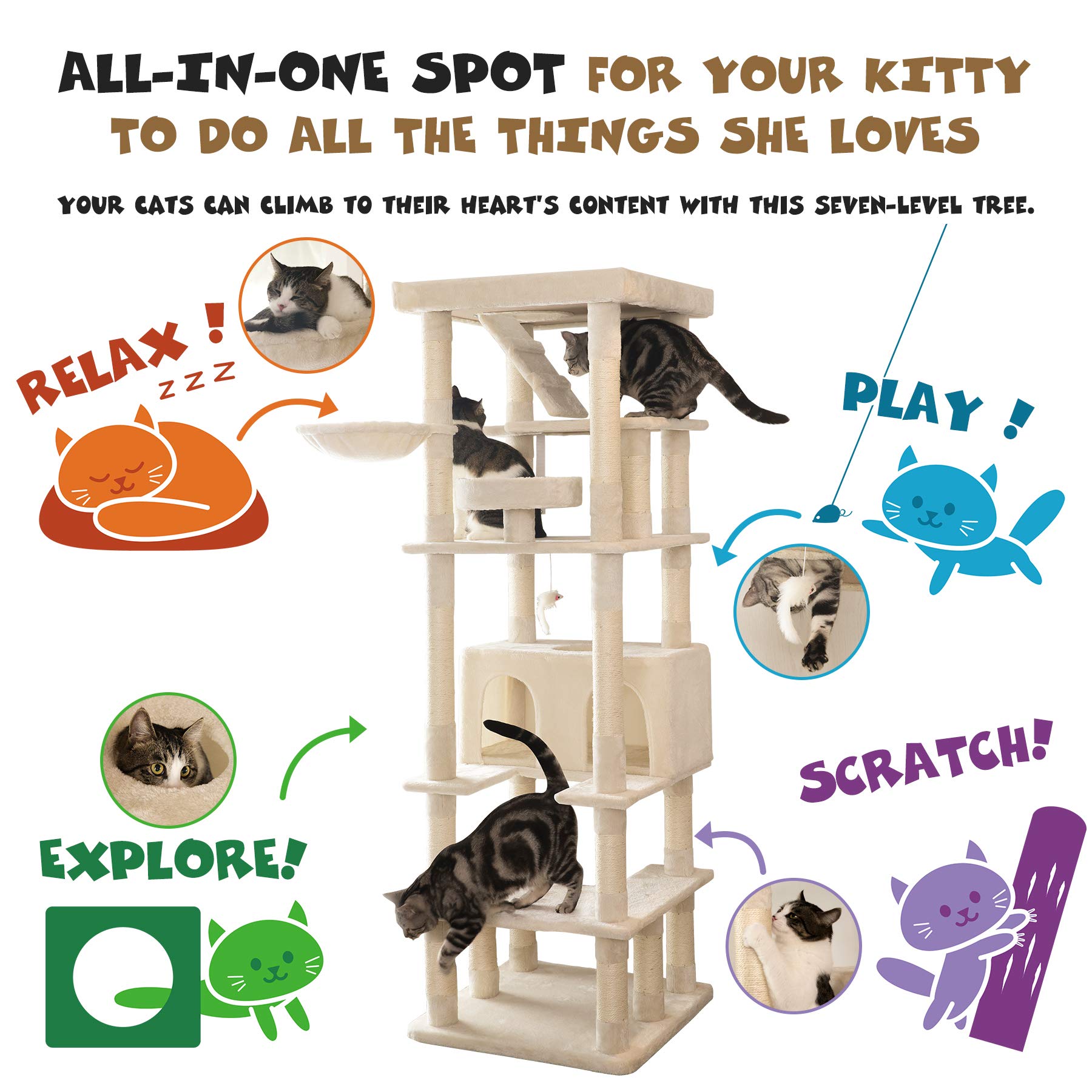 Mwpo 74.8 Inches Large Cat Tree With Sisal-Covered Scratching Posts & Condo, Tall Cat Tower Entertainment Playground Furniture F