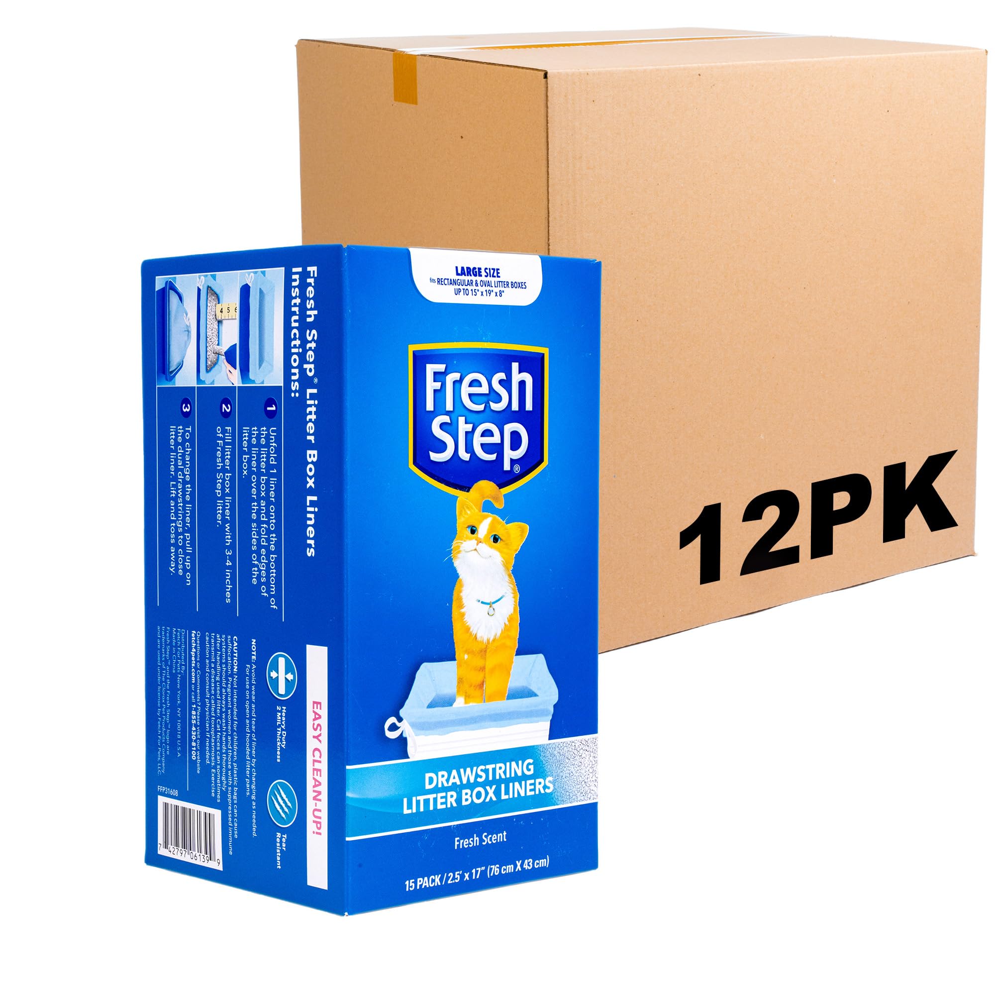 Fresh Step Drawstring Cat Litter Box Liners, Fresh Scent, Size Large, 30' X 17' | Kitty Litter Bags - Cat Litter Liners For Rectangle Or Oval Litterboxes, 15 Count - 12 Pack