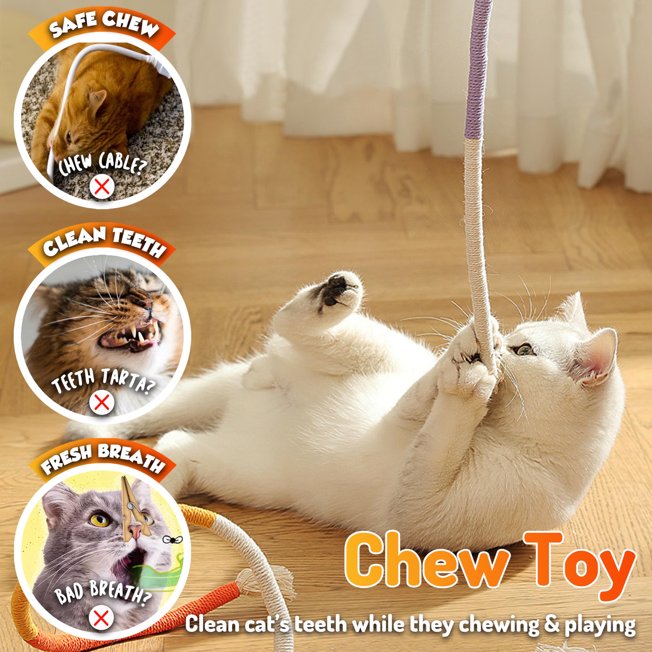 LEKEWPET Cat Chew Toys 3PCS Sisal Ropes Toys for Indoor Cats Teeth Cleaning Toys for Kitten, Bite Resistant Catnip Toys Interact