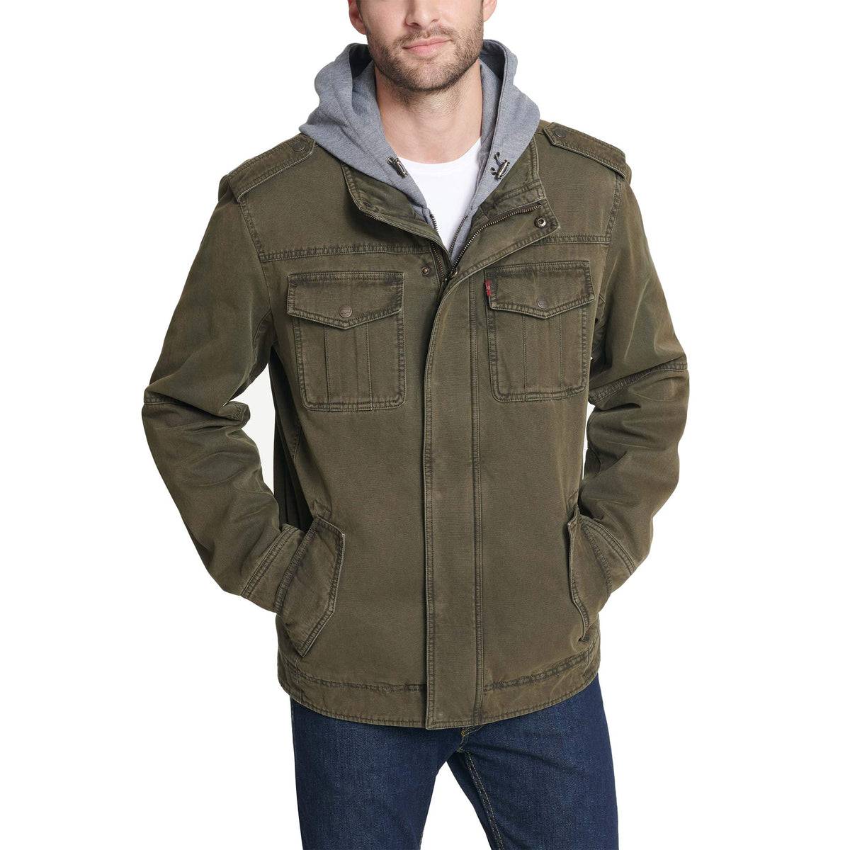 Levis Mens Washed Cotton Hooded Military Jacket, Olive, Large