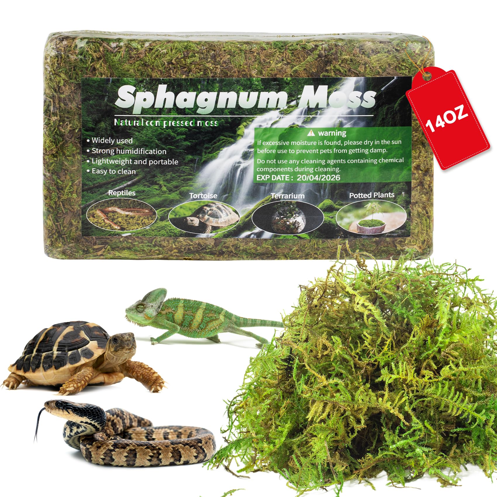 Pakimi 14Oz Sphagnum Moss For Reptiles, Terrarium Natural Green Dried Peat Habitat Bedding Plants For Snakes Gecko Forest Frogs 