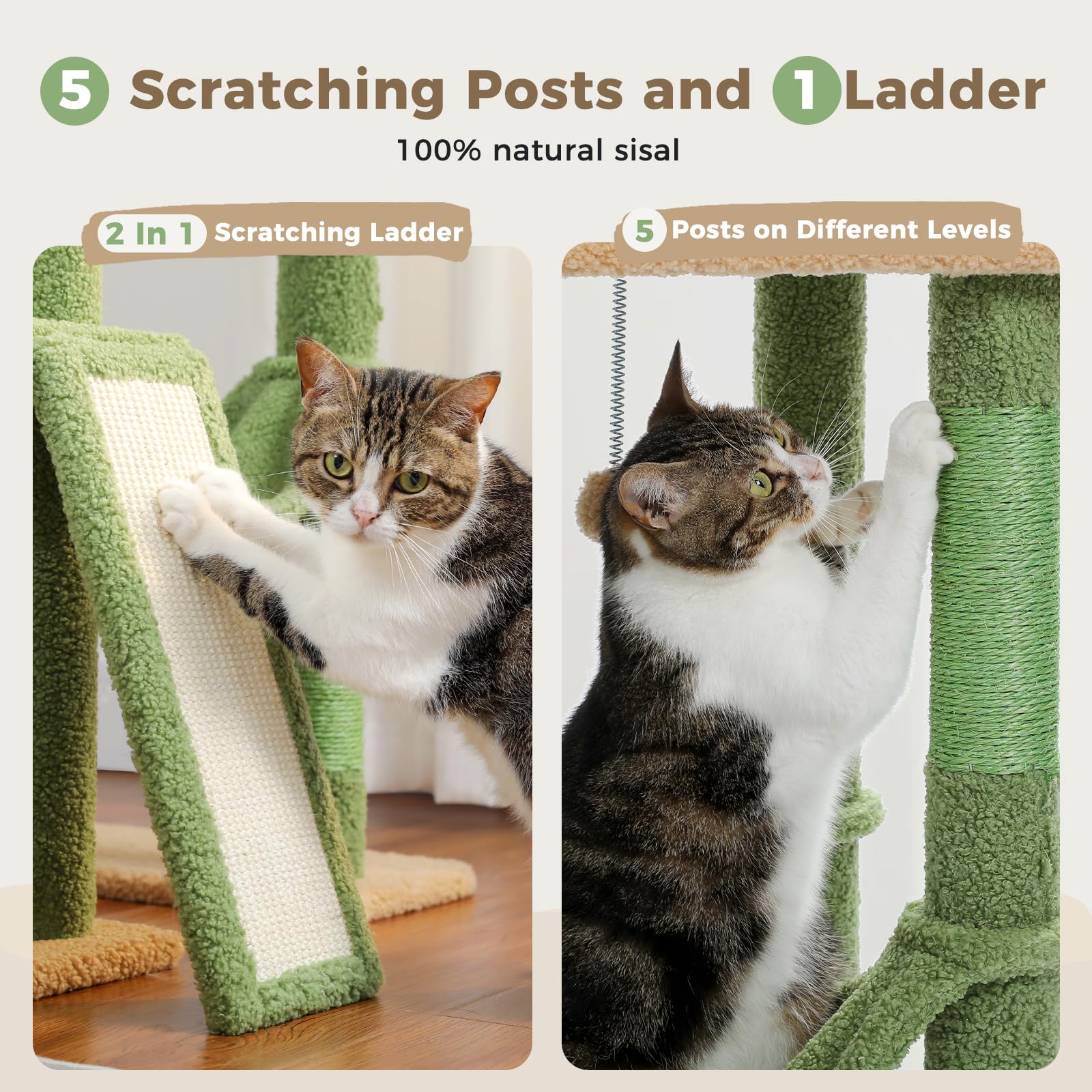 Pawz Road Cactus Cat Tree Floor To Ceiling Cat Tower With Adjustable Height(85-112 Inches), 7 Tiers Climbing Activity Center Wit