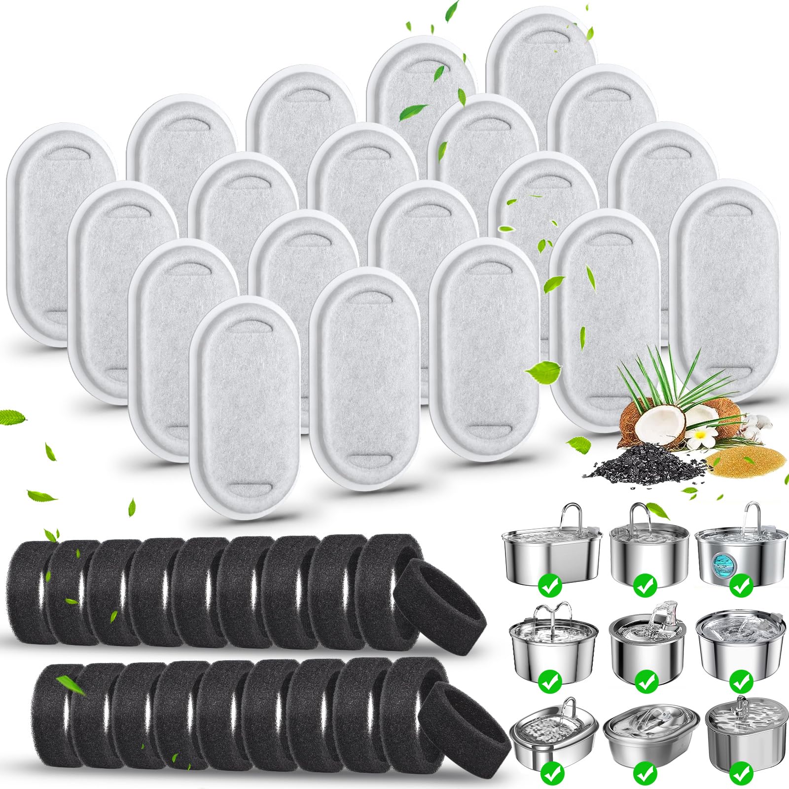 40 Pack Cat Water Fountain Filters-Cat Fountain Replacement Filters For Stainless Steel 108/3.2L& 67Oz/2L Adjustable Water Flow 