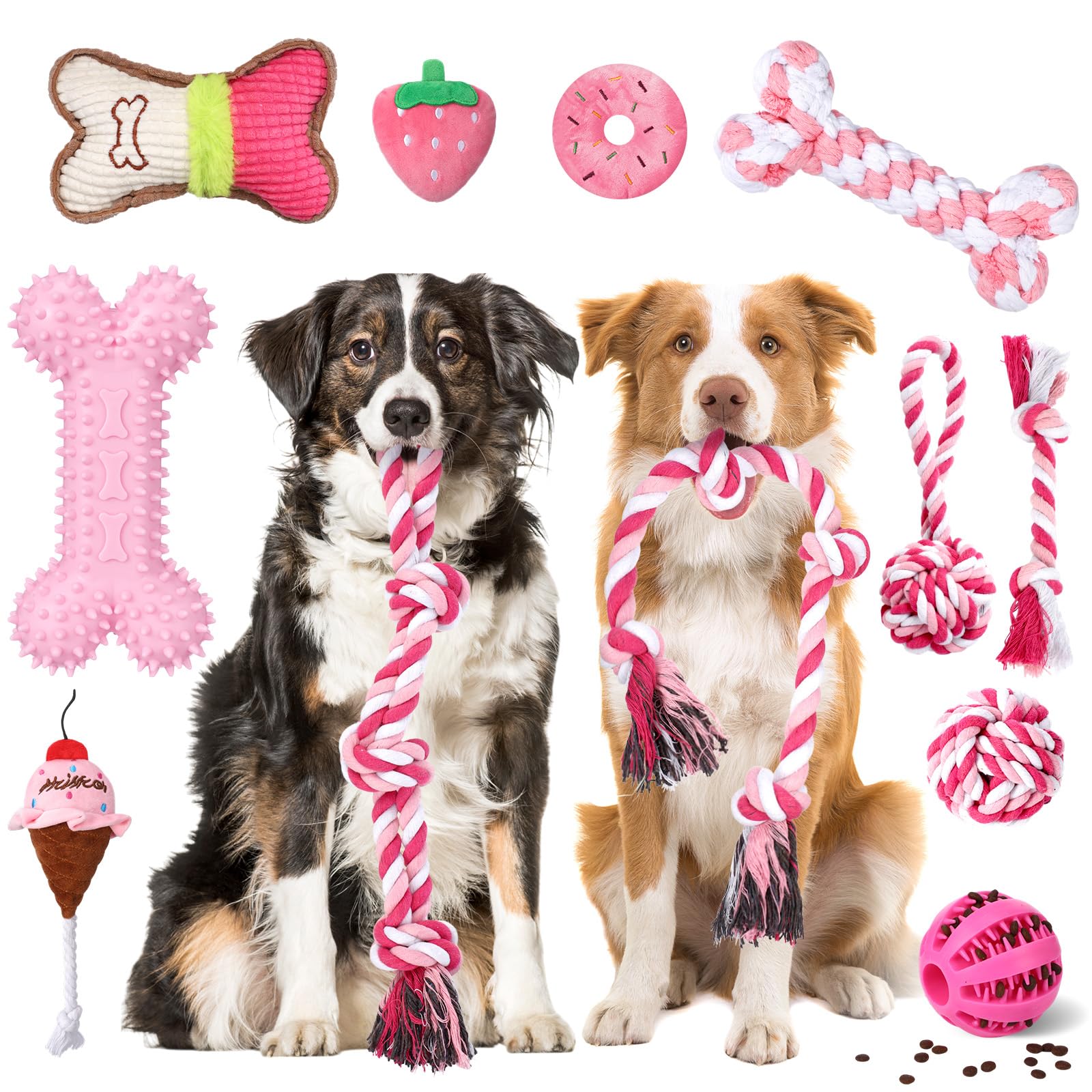 Vinsot 12 Pack Large Dog Chew Toys For Aggressive Chewers Pink Teething Toys With Dental Rope Squeaky Balls And Chew Bone For Me