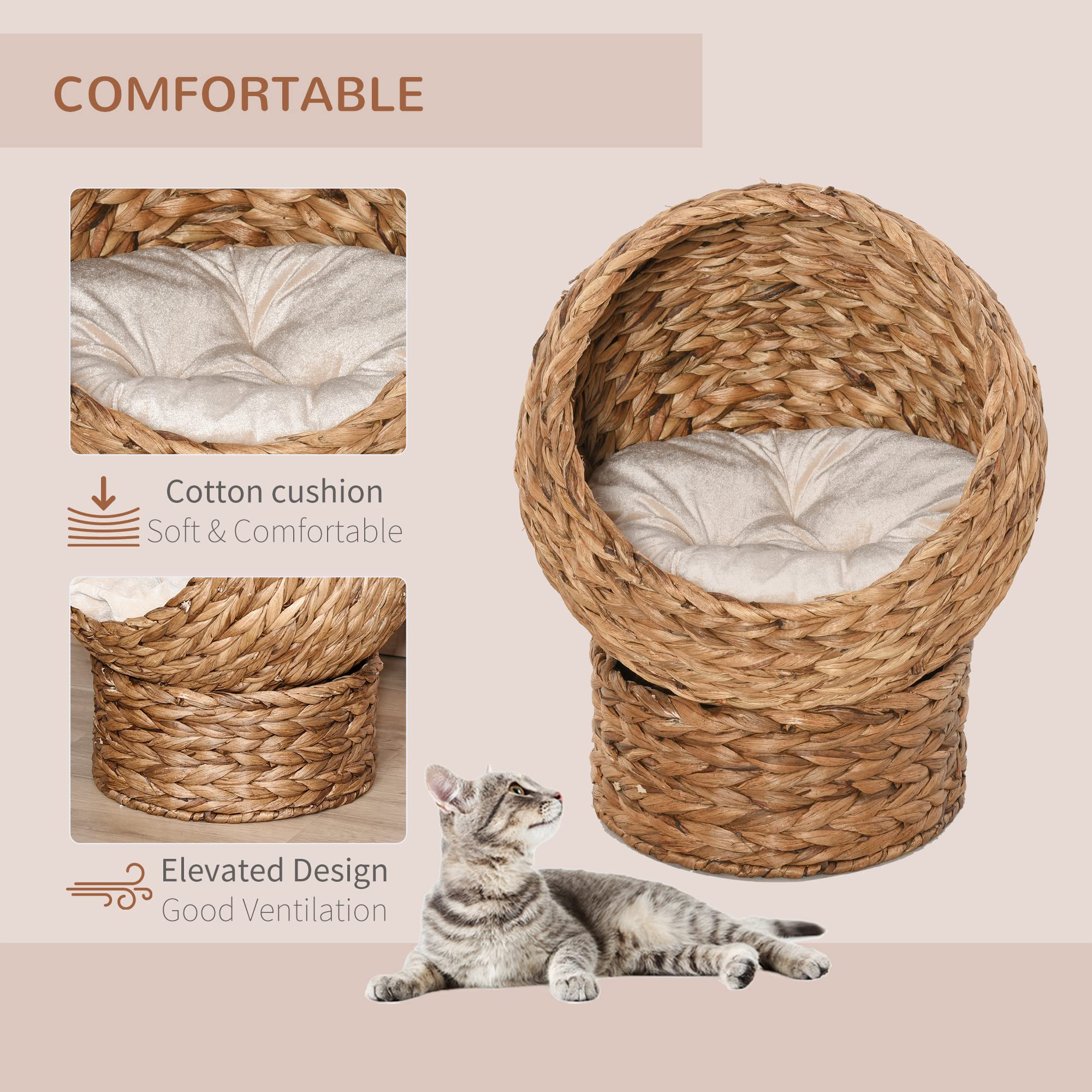 Pawhut Woven Banana Leaf Elevated Cat Bed House Basket Soft Cushion Dome Basket 50 X 42 X 60 Cm Brown