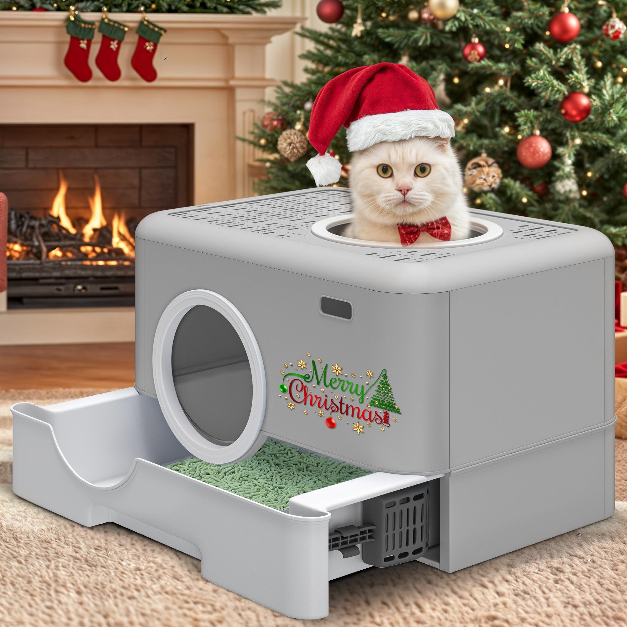 Yitahome Large Enclosed Cat Litter Box With Lid Cover, Hooded Odorless Anti-Splashing Cat Toilet With Drawer Litter Scoop Front Entry Top Exit Door, Easy To Install And Clean