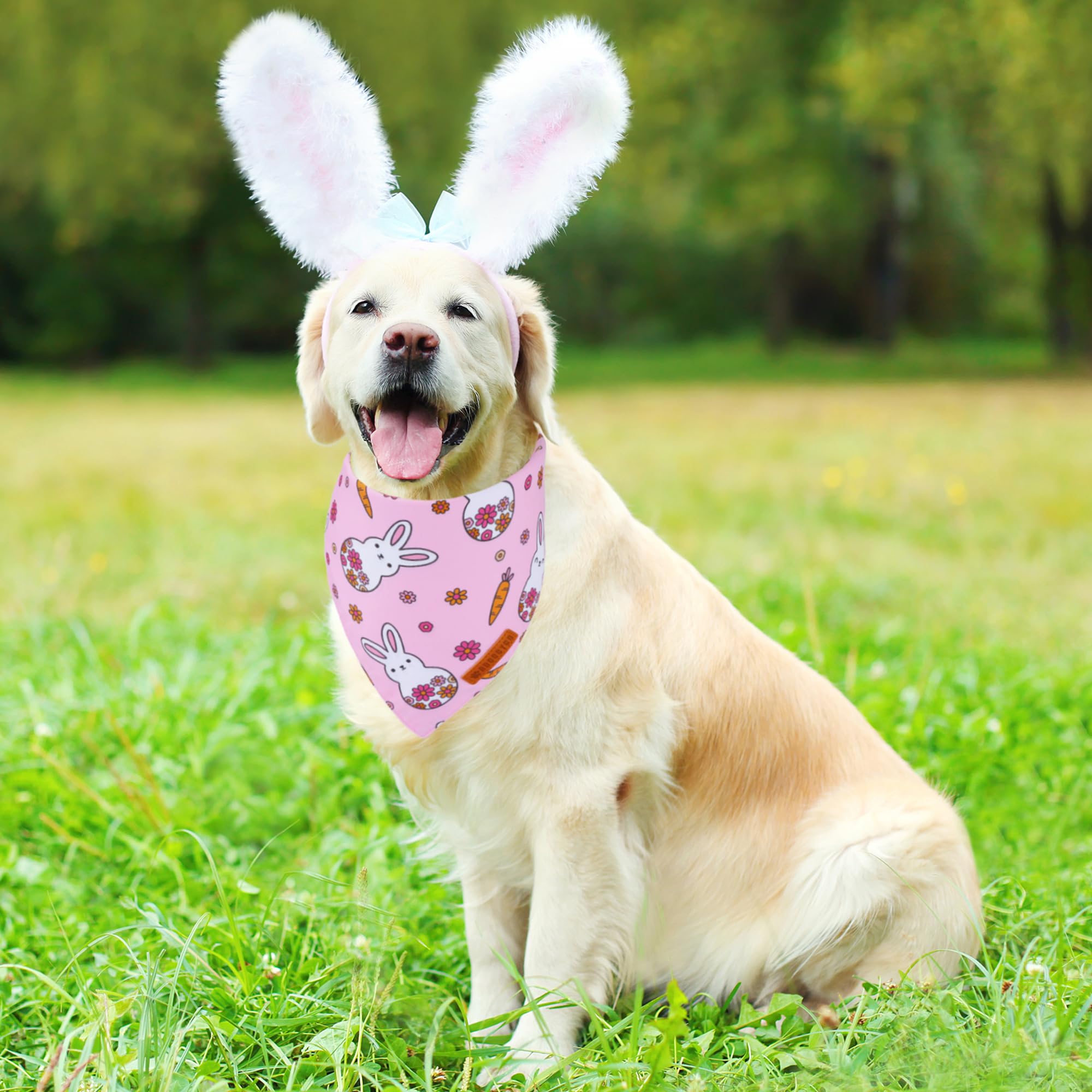 ADOGGYGO Easter Dog Bandana, Pink Bunny Scarf, Premium Durable Fabric, Adjustable Fit Female Pet Easter Bandanas for Medium Larg