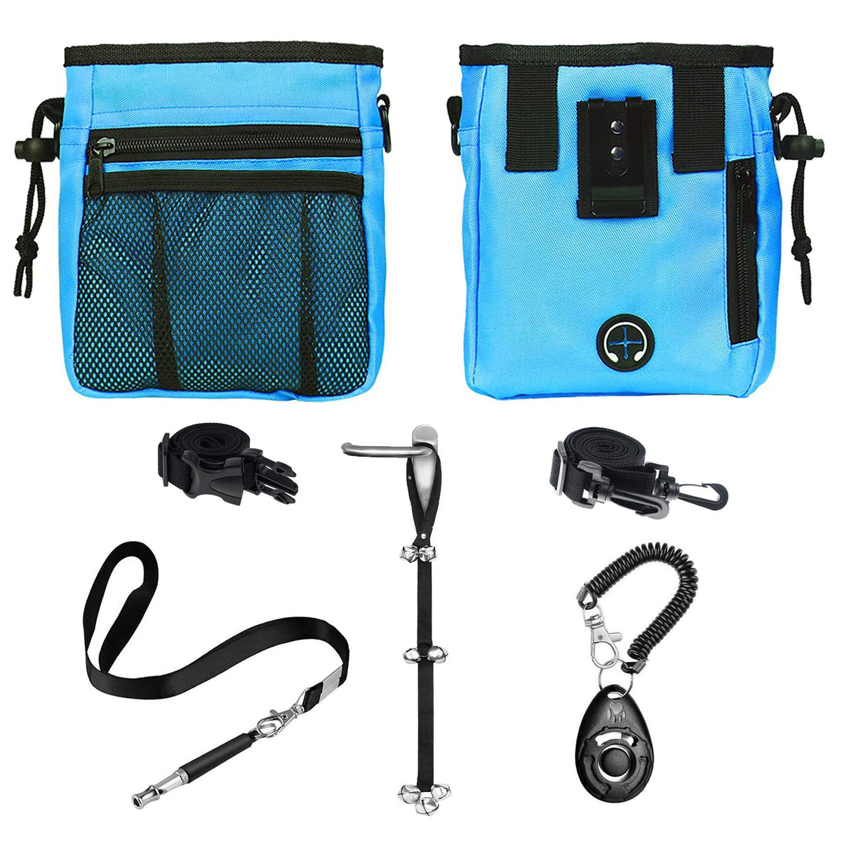 D-Buy 4-In-1 Dog Training Set, Puppy Training Treats- Dog Treat Training Pouch, Dog Whistle, Dog Doorbells, Dog Clicker, Ideal Gift For First Time Pet Owners, Training Dog Owners (Blue)