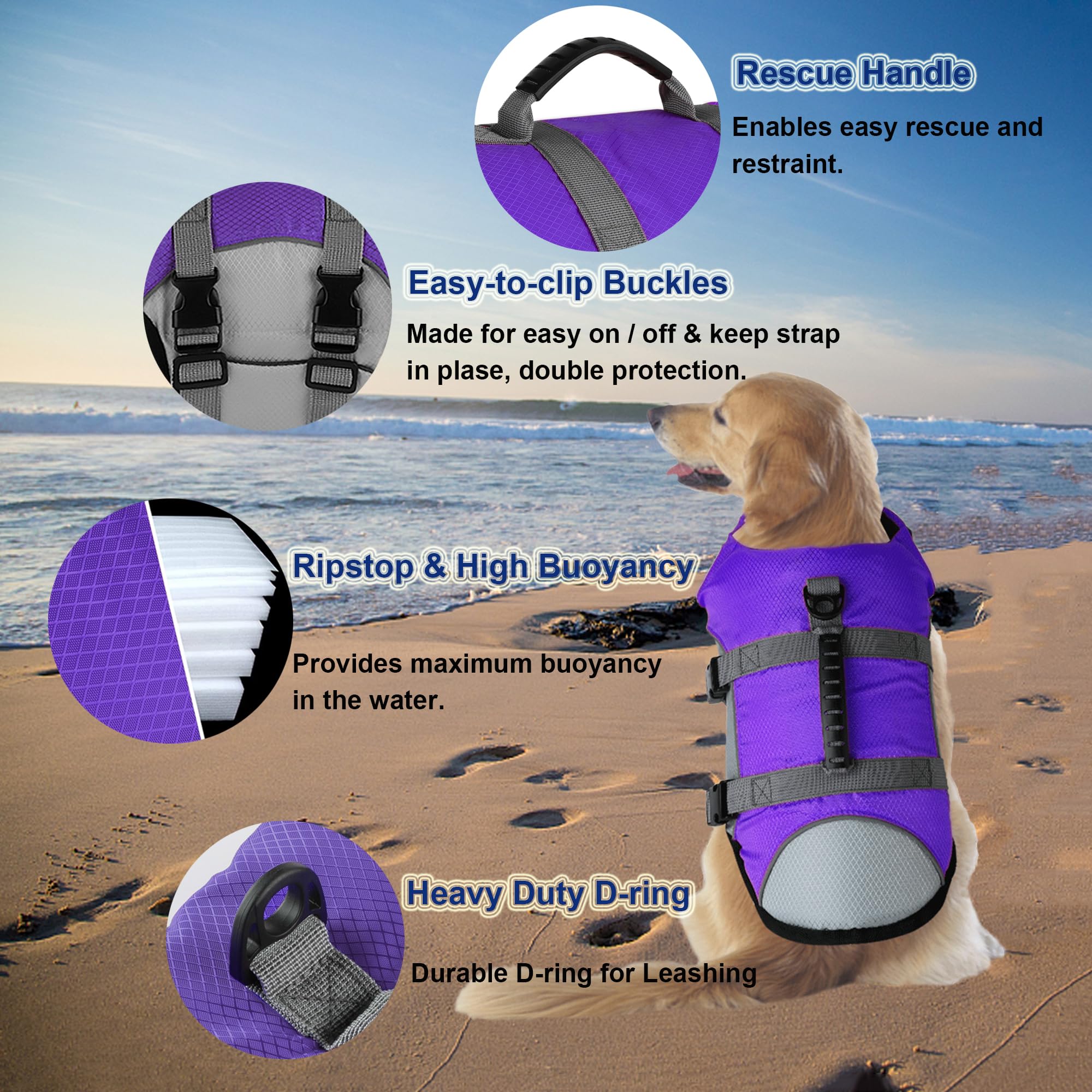 Dogcheer Dog Life Jacket, Reflective Dog Life Vest For Swimming Boating, Adjustable Puppy Swim Vest Ripstop Pfd Floating Vest Pr