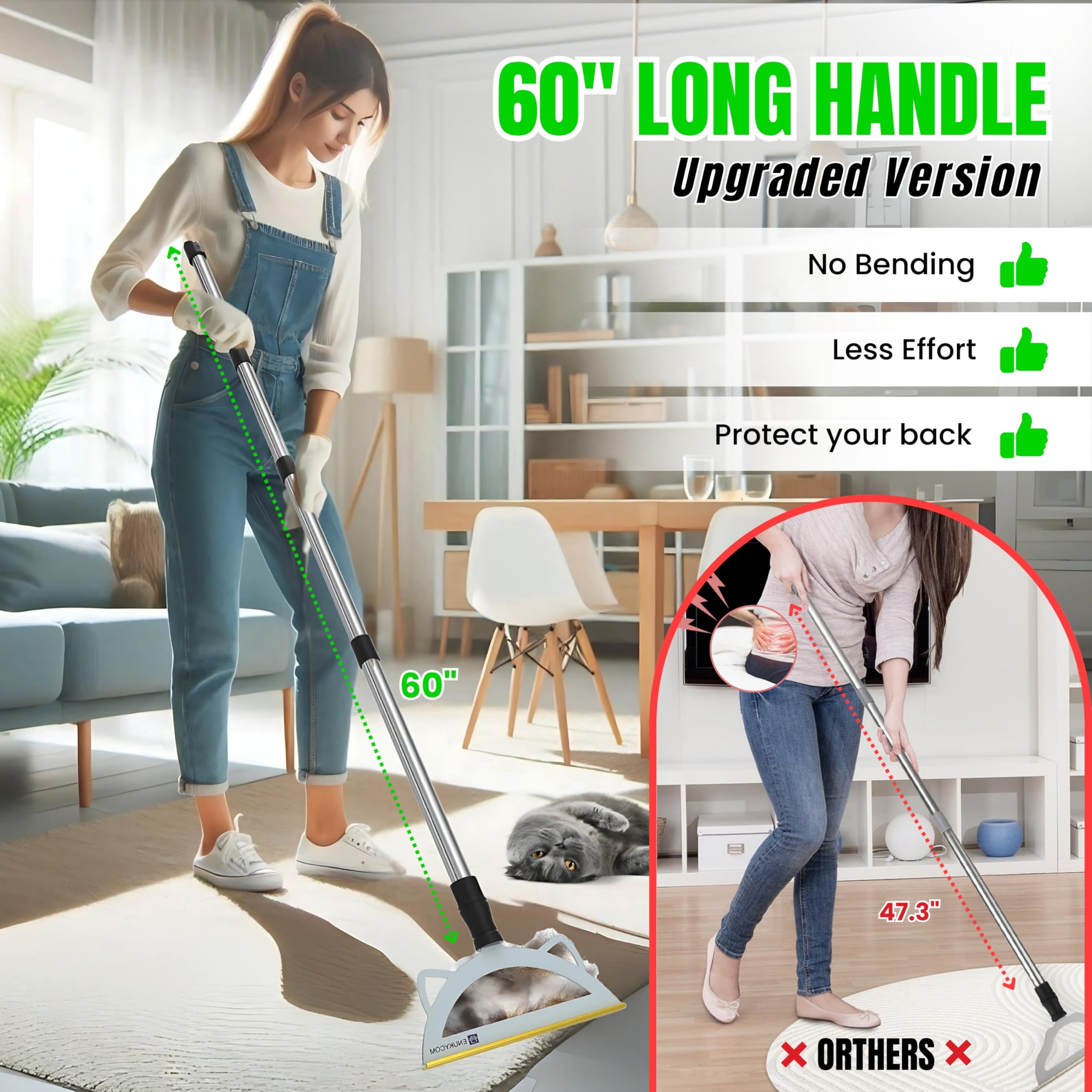 Pet Hair Remover Broom For Low Pile Carpet, Rugs, Stairs - 60'' Adjustable Long Handle Carpet Rake For Pet Hair Removal - Includ
