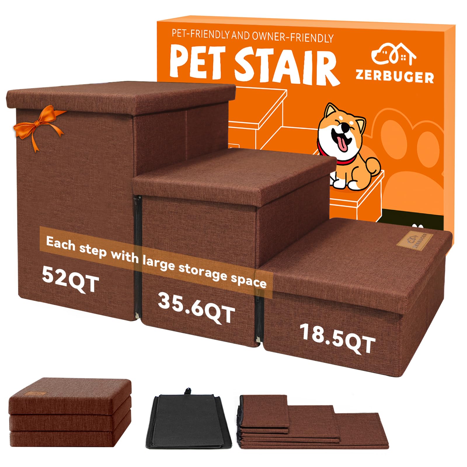 Zerbuger Dog Stairs with Storage 18  H, 3-Step Wider Dog Steps for Small/Medium/Large Old Dogs Cats, Folding Sturdy Pet Stairs C