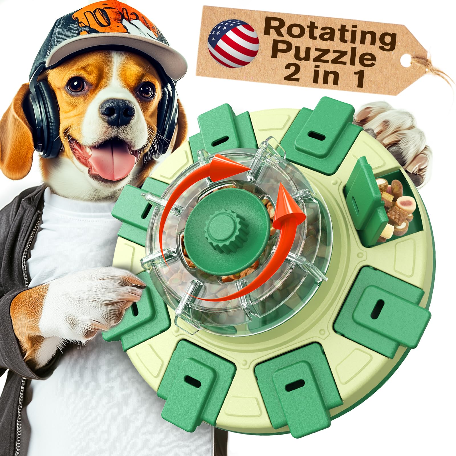 KADTC Dog Rotating Puzzle Toys Level 2 in 1 for Small/Medium/Larger Dogs Adjustable Slow Dispenser Food Puzzles Feeder Brain Min
