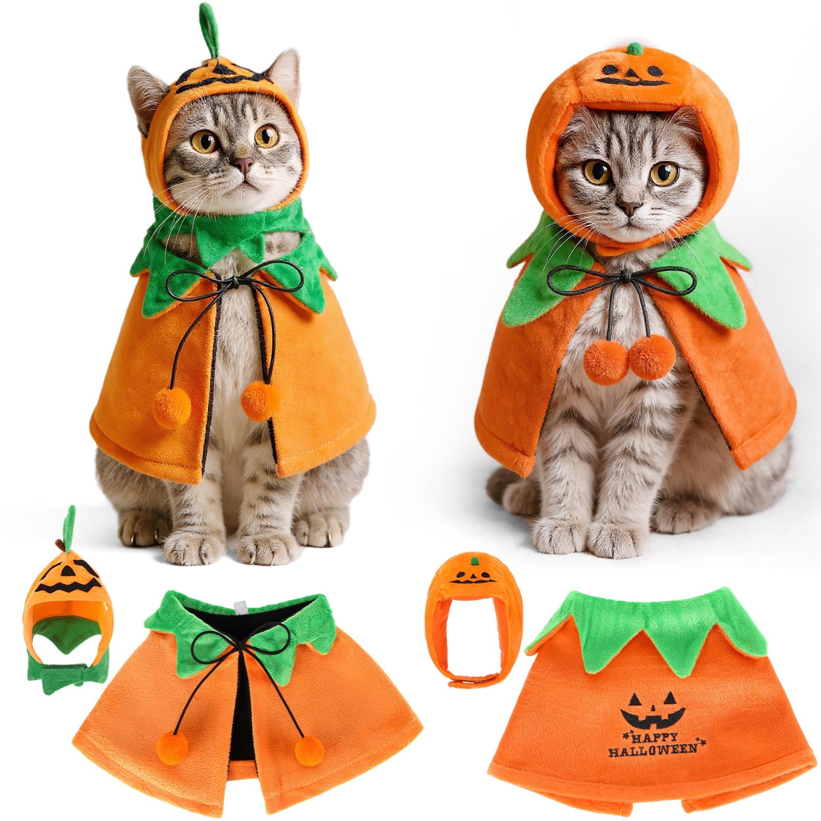 Huhumy 2 Sets Pet Pumpkin Costume Cat Halloween Cloak Hat Set for Dog Cat Halloween Costumes Pumpkin Hat for Dogs Puppy Poncho S