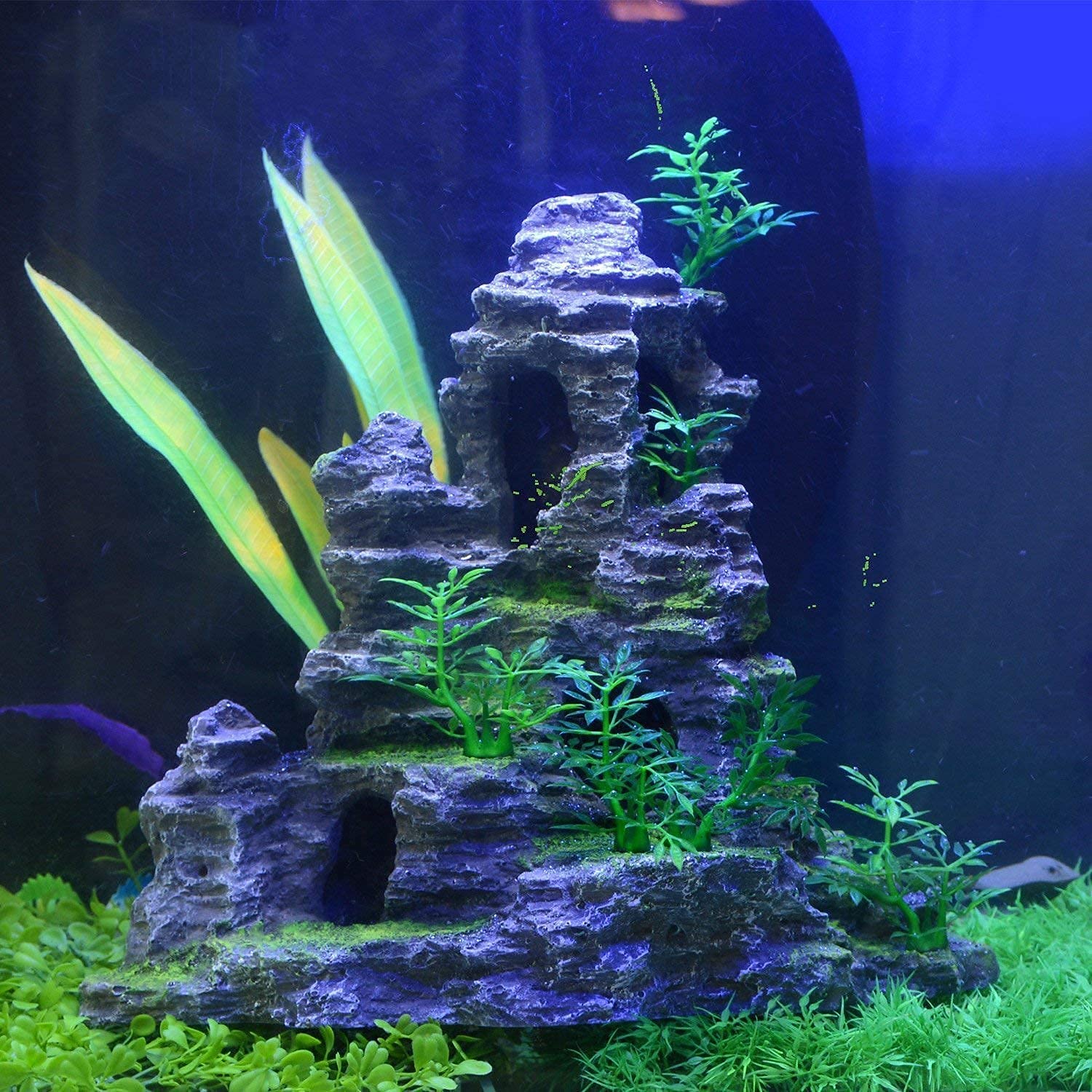 Saim Aquarium Mountain View Stone Ornament, Artificial Mountain Hill View Stone Rock Cave Aquarium Decorations Fish Tank Decor For Betta Cichlids Hideaway Cave, Hermit Crab Hideout - Large