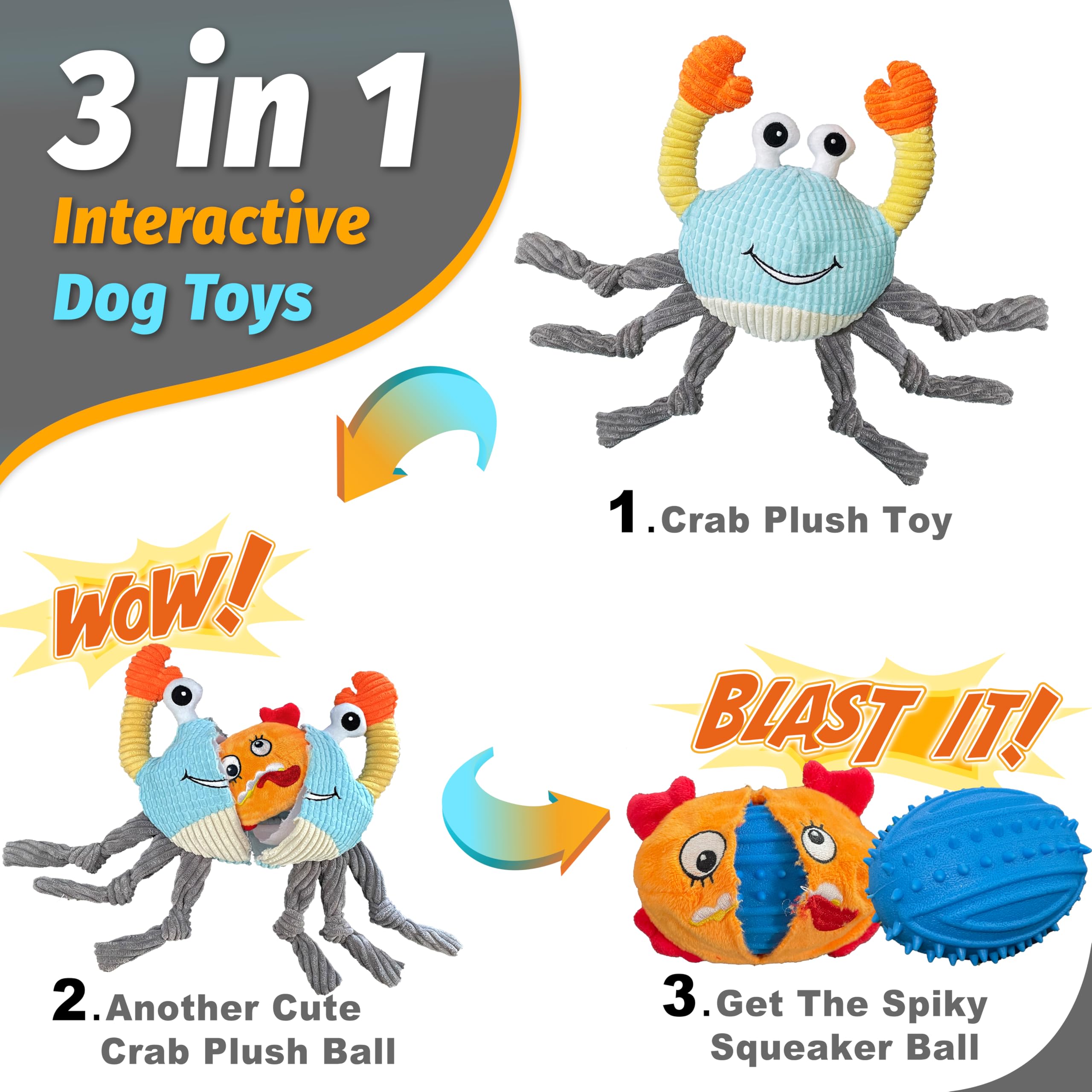 GUKCO Dog Toys for Aggressive Chewers - 3-in-1 Squeaky Interactive Toy, Medium Size, Cotton Material, Crab Color, Model SB-01