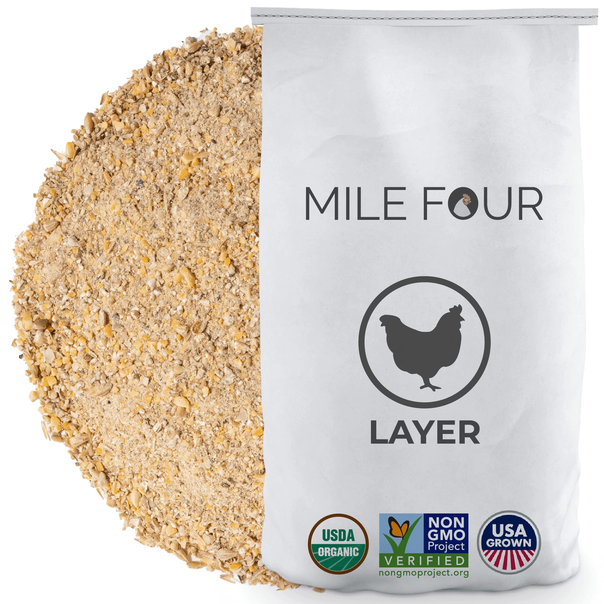 Mile Four Layer Organic Chicken Feed | 16% Protein | Mash | Certified Organic, Non-GMO, Corn-Free, Soy-Free, Non-Medicated, US G