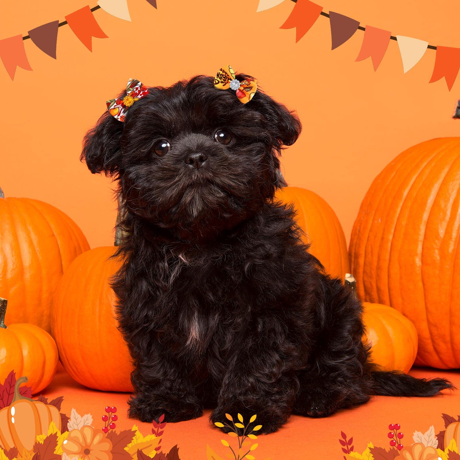 Tondiamo 100 Pack Fall Dog Hair Bows For Thanksgiving Day Dog Hair Bows With Rubber Bands Puppy Rhinestone Grooming Pumpkin Turk