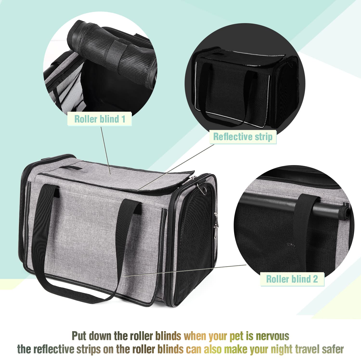 Yudodo 25 Lbs Lightproof Pet Carriers Airline Approved Dog Cat Travel Soft Sided Carrier Reflective Mesh Safe Pet Cat Carrier Foldable Portable Small Animal Rabbit Puppy Cat Carrier Grey