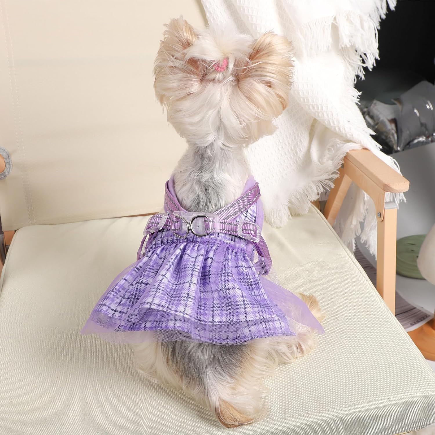 Small Dog Dress Harness Girl Female, No Pull Harnesses Outfit Apparel, Summer Adjustable Puppy Plaid Skirt Vest Cat Clothes (Pur