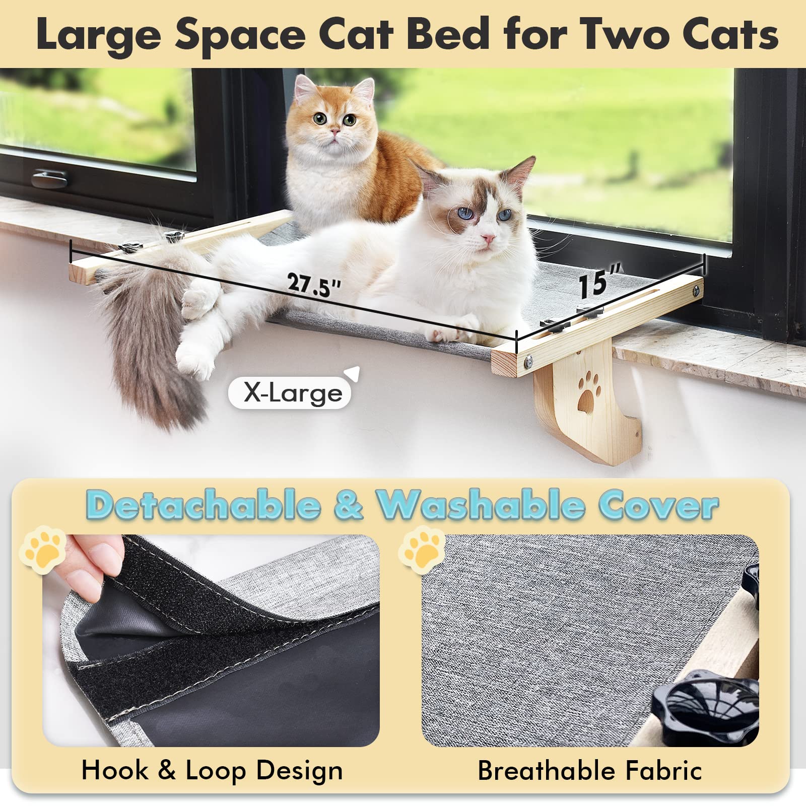 AMOSIJOY Cat Sill Window Perch Sturdy Cat Hammock Window Seat with Wood & Metal Frame for Large Cats, Easy to Adjust Cat Bed for Windowsill, Bedside, Drawer and Cabinet -Like New