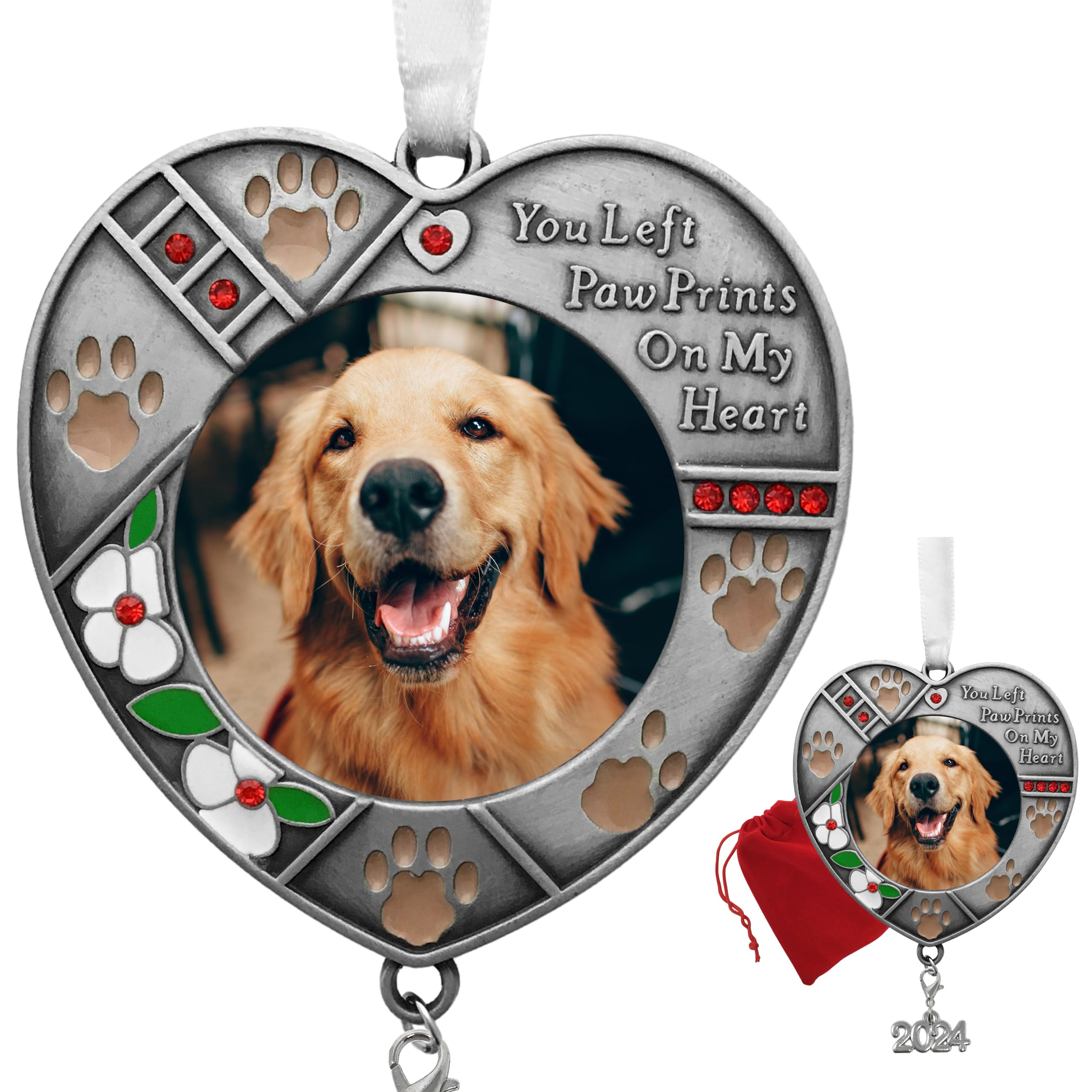 2024 Pet Memorial Christmas Photo Ornament - Hanging Picture Ornament - Paw Prints on My Heart Poem Message - Gift/Storage Bag I
