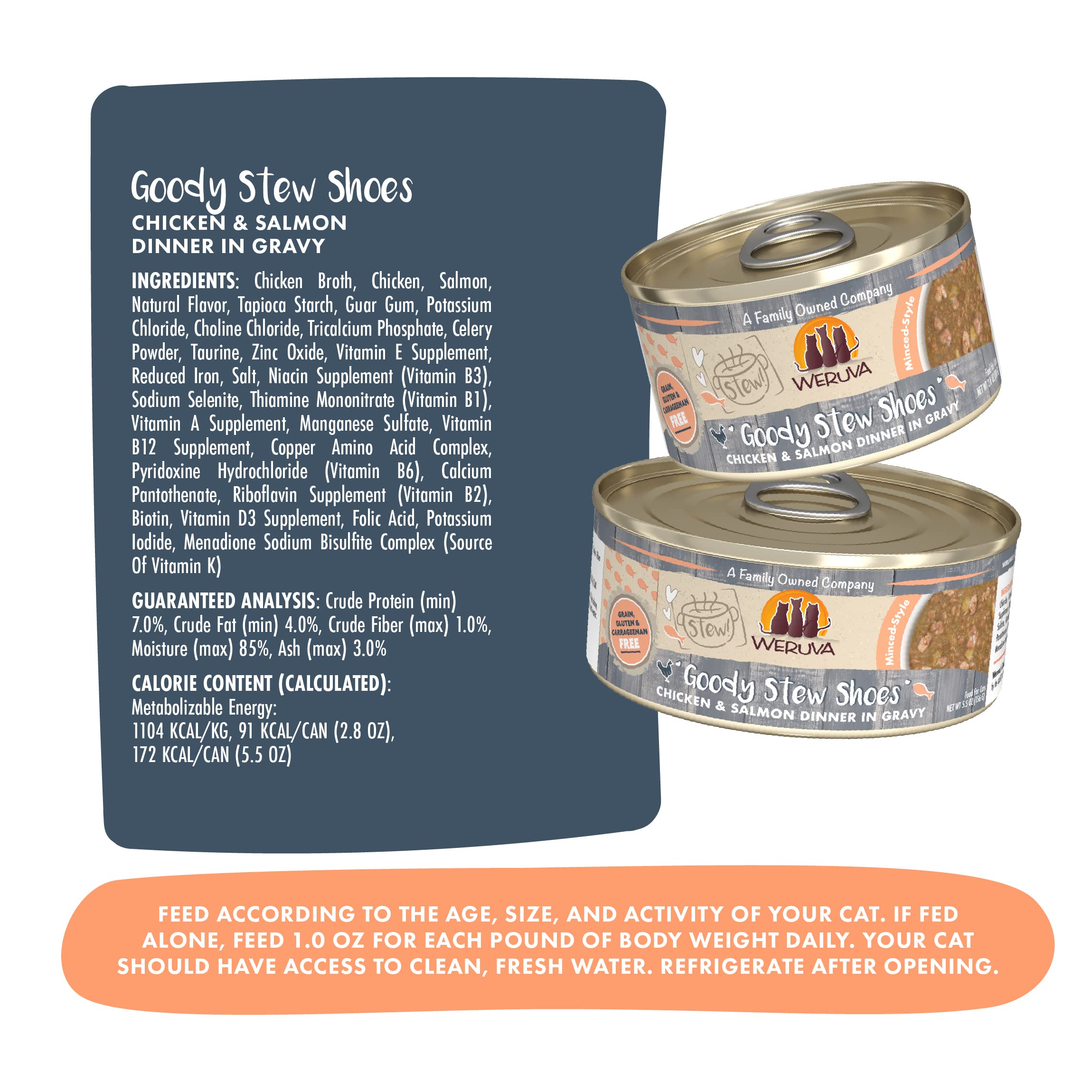 Weruva Classic Cat Stews!, Goody Stew Shoes with Chicken & Salmon in Gravy, 5.5oz Can (Pack of 8)